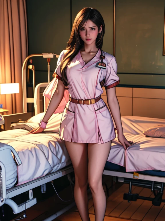 Pornographic images,Movie Scenes,Fantasy art,Best image quality,Surreal portrait,(8k),Ultra-realistic,最high quality,high quality,High resolution,high qualityの質感,Attention to detail,Beautiful details,Fine details,Highly detailed CG,Detailed Texture,Realistic facial expressions,Tabletop,before,dynamic,bold,1 Girl,(Ideal body proportions:1.5),Highly detailed skin,curve,,Beautiful breasts, (Ample breasts), Pale skin, (Soft Hair), (Super Straight Hair), Long, slicked bangs, Very light coppery amber hair,Hair on one eye,(Pink nurse uniform:1.3),(Sculpture Pose:1.5),(hospital、Hospital room、Patient Bed:1.5), Tifa, (barefoot:1.4), (Tight clothing:1.5), Late Night, (bottomless), (Sleeping on your stomach), ((Protruding chest)), Sexy look, Exposed thighs