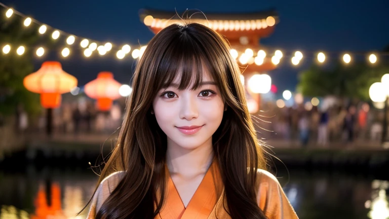masterpiece、1 beautiful girl、Detailed eyes、Puffy eyes、highest quality, 超A high resolution, (reality: 1.4), Cinema Lighting、Japanese、Asian Beauty、so beautiful、Beautiful Skin、thin、Body facing forward、(超reality的な)、(High resolution)、(8k)、(Very detailed)、(beautiful Detailed eyess)、(Very detailed)、 (wall-)、Detailed face、Bright lighting、Professional Lighting、Looking at the audience、Look straight ahead、yukata、Long Hair, Asymmetrical bangs, 、Night view、Brown Hair、Japanese Idols、Korean Idols、Fiery idol pose、、23 years old、expensive, smile, Nagasaki City、Park scenery、