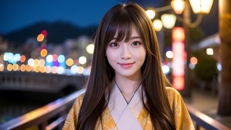 masterpiece、1 beautiful girl、Detailed eyes、Puffy eyes、highest quality, 超A high resolution, (reality: 1.4), Cinema Lighting、Japanese、Asian Beauty、so beautiful、Beautiful Skin、thin、Body facing forward、(超reality的な)、(High resolution)、(8k)、(Very detailed)、(beautiful Detailed eyess)、(Very detailed)、 (wall-)、Detailed face、Bright lighting、Professional Lighting、Looking at the audience、Look straight ahead、yukata、Long Hair, Asymmetrical bangs, 、Night view、Brown Hair、Japanese Idols、Korean Idols、Fiery idol pose、、23 years old、expensive, smile, Nagasaki City、Park scenery、