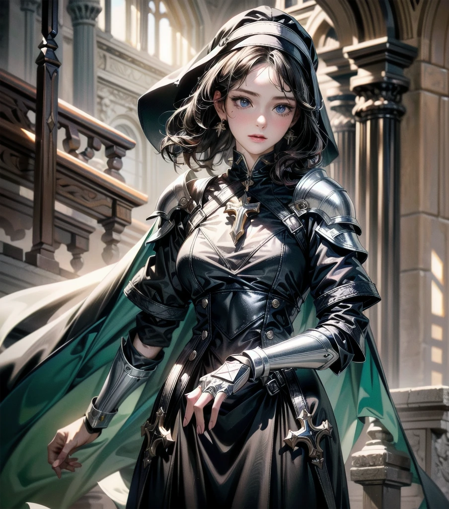 absurdres, RAW photo, extremely delicate and beautiful, masterpiece, Best Quality, ultra high resolution, 32k, hyperrealistic, ultra-detailed, detailed description, pale skin, 20 years old, detailed beautiful face and eyes, tearful mole, earring, very huge round breasts, short medium hair, wavy hair, ((full body shot)), alone, Mysterious nun, ((combat armor costume)), Weapons with a cross motif,
