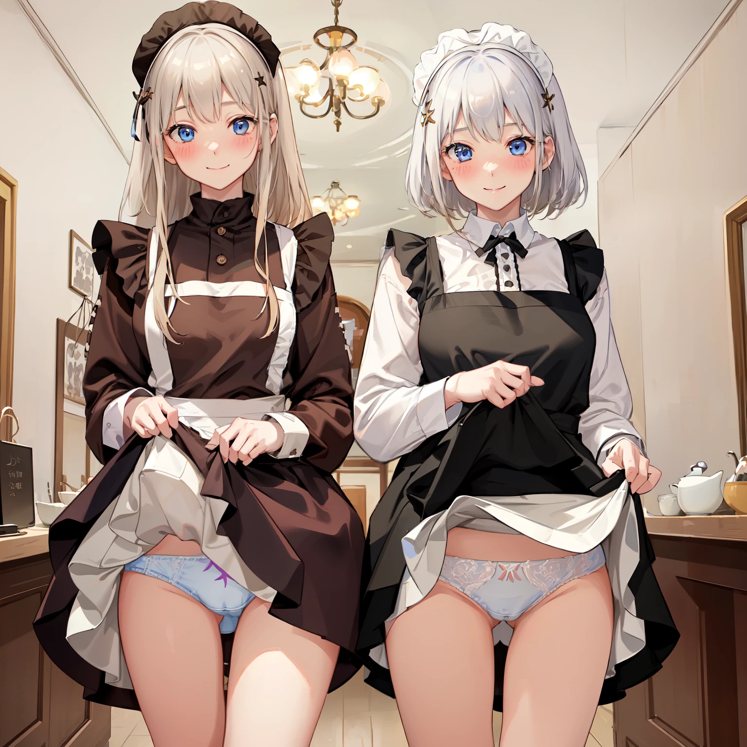 highest quality、masterpiece、((2 women))、((smile:1.3))、(blush:1.3)、Black Shirt、blouse、((fun!!))、(Small breasts)、()、Blonde、(Long sleeve)、((White apron:1.5))、((Maid))、((hair ornaments)),、Kamimei、look at me、 ((in house:1.5))、 Taking a break from watching the audience、Cowboy Shot、(Skirt lift:1.3),(Highly detailed white panties:1.3)、(Highly detailed panties:1.3)、、(スカート that rolls up:1.3)、(Panties fully exposed:1.5)、Light blue eyes、long hair、Glowing Eyes