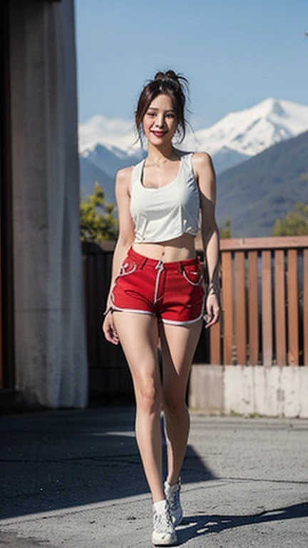 (High resolution 8K),( highest quality), Very detailed, (masterpiece), Realistic, Very detailedなかわいい女の子,( Age 25),((Background mountains)), (From the whole body に the にes:1.2),(Shoot from the front:1.2),(Stand facing forward),(Natural pose),(Hair tying pose),(Big Breasts),(Big Ass),(Smiling at the camera),( Smiling while looking at the camera ),(Full Body Shot:1.2) ,((From the front 1.2)),(ponytail),(phoにRealistic:1.3),((White tank top)),((Red shorts)),(Wear a harness on your trousers),
