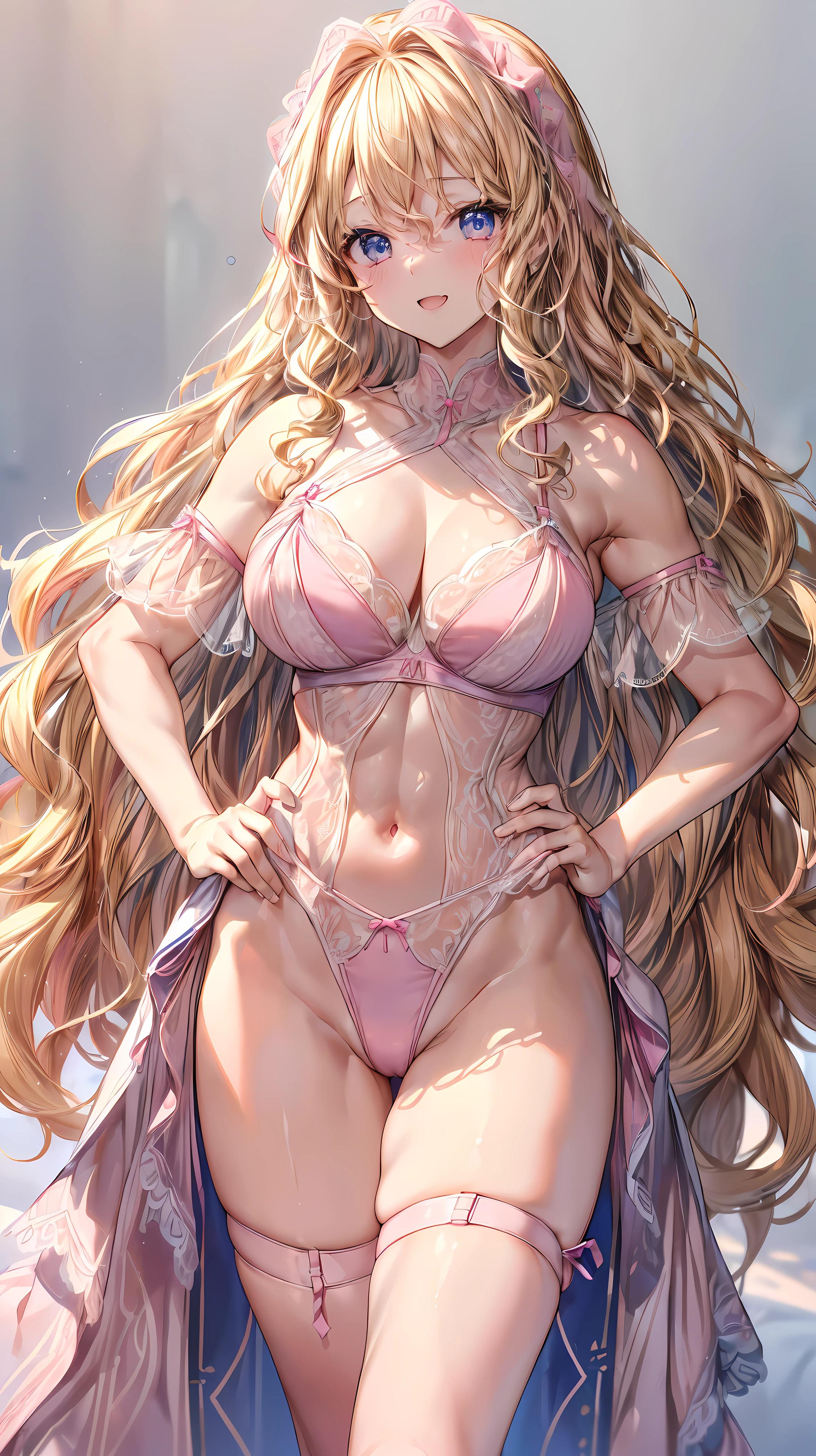 (Adult women:1.5)、Very detailed、highest quality、Best image quality、masterpiece、8k、Anime Face、A kind smile、(Open your mouth:1.3)、Sparkling blue eyes、(Blonde Wavy Hair:1.5)、、Muscles of the whole body、(High leg:1.5)、Thigh belt、(Wearing pink lingerie:1.5)、(Cowboy Shot:1.5)、SFW Giant、(Put your hands on your hips)