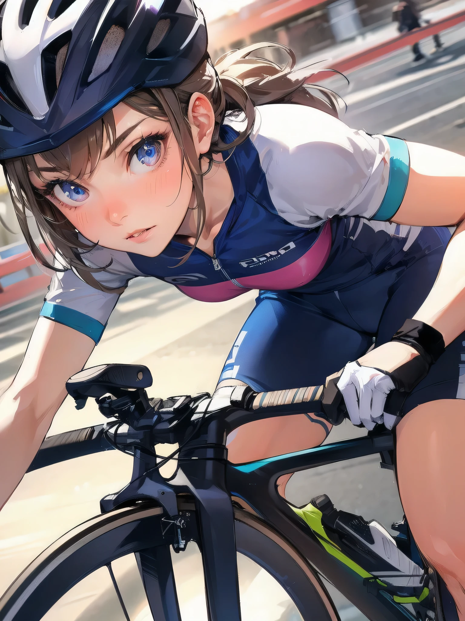 high quality,HD,16k,sharp lines,1 girl,Female cycling athlete ,cute face, large breasts, nice legs,At the cycling venue,focus girl,detailed beautiful face,detailed clothes,beautiful eyes,cool,dynamic angle