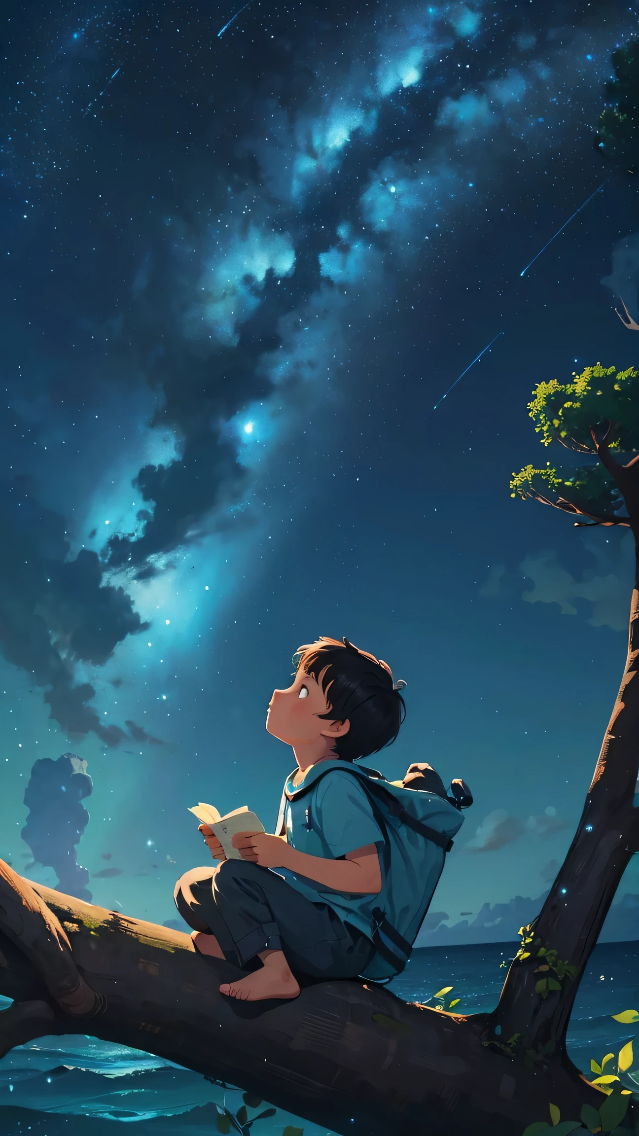 children book design,The man sat under a thick tree, looking up at the starry sky. create a sea background and show a calm breeze . with cinematic color strokes. With title (((hilangkah??:1.5)))