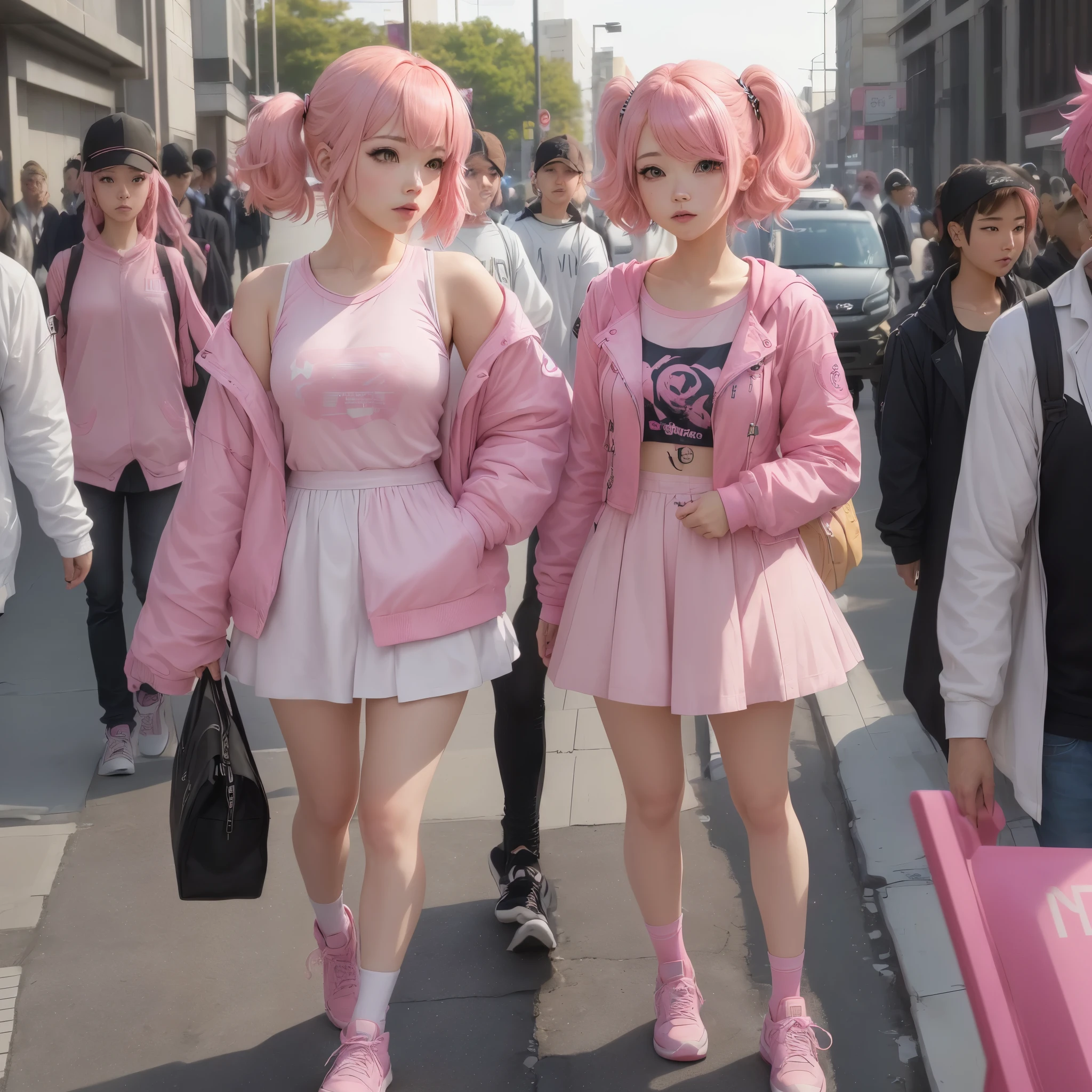 there is a woman with pink hair and a pink jacket, belle delphine, anime girl cosplay, lalisa manobal, anime girl in real life, anime cosplay, ayaka cosplay, pink girl, ((pink)), cute girl with short pink hair, masuimi max, with pink hair, pink twintail hair and cyan Eyes And not wearing a shirt