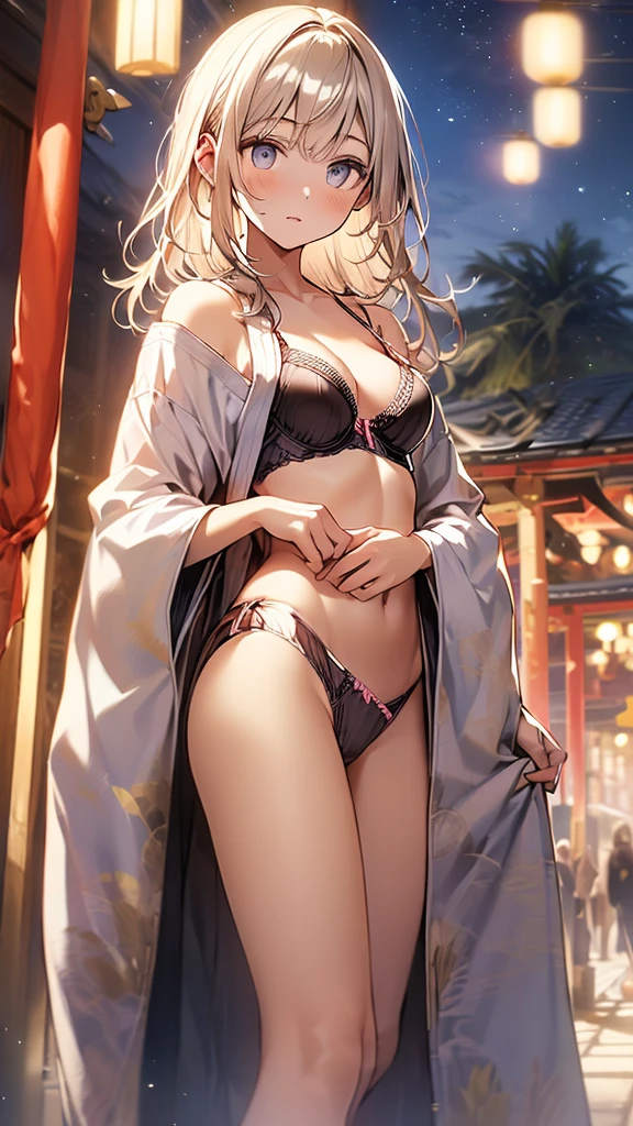 (((night,真night中))),(whole body),(((Cinema Lighting))),((Perfect Anatomy:1.2,Realistic:1.3,RAW Photos:1.3,masterpiece、highest quality、Ultra - High resolution、High resolution、Highly detailed CG、8k)),((attractive way to sit)),1 female,alone,18-year-old、High school girl beautiful girl,Japanese,((Beautiful and graceful face and eyes:1.2,Big beautiful eyes:1.0,)),(Bright Eyes),((Beautiful woman))、((blonde)),Long Hair,(Center parted hair:1.4,amount),Medium Chest,((The body is slim)),Small Head:1.3,skinny,(Brown Skin:1.8),((Oily skin,Glowing Skin,Shiny skin,Sweat:1.4)),((Model pose)),(((Kimono 1.0))),{{{Undressing}}},(prostitution),shrine,((Turn your body forward)),Stick out your crotch、(Detailed depiction of the crotch),break,(((Satin Bra)))、(((satin panties)))、(Shiny bra:2),((Shiny panties:2))、(((Pastel colored underwear:1.6))),((((Bra and panties are painted in the same color))))、((Shiny Bra 2)),((Shiny panties 2))