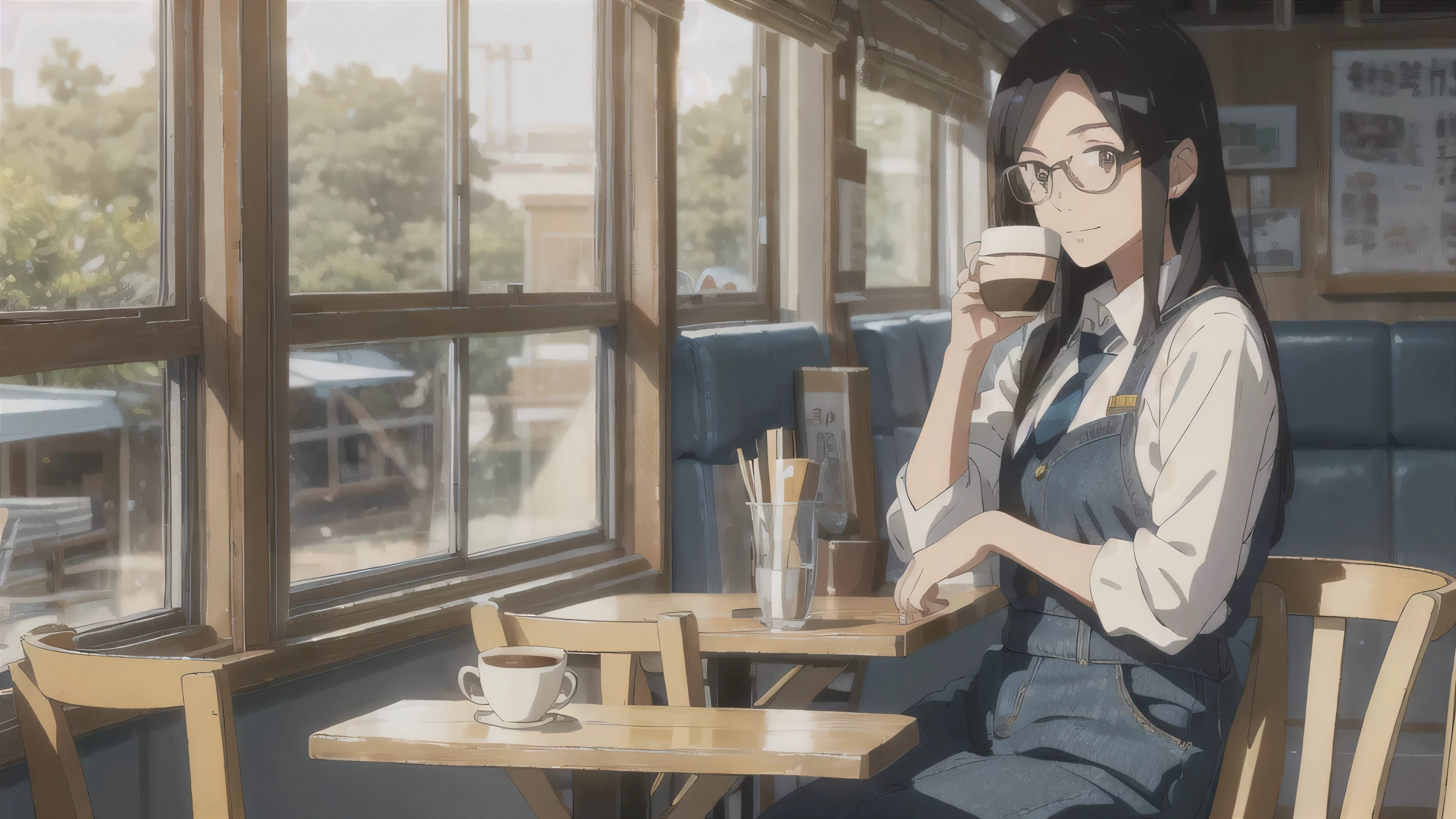 Ghibli, anime,Cafe, Denim with a dress shirt and tie, Sitting on a chair drinking coffee alone,,A 20-year-old girl with a kind face wearing glasses happily listening to music while drinking coffee,Long Hair,high resolution,,
