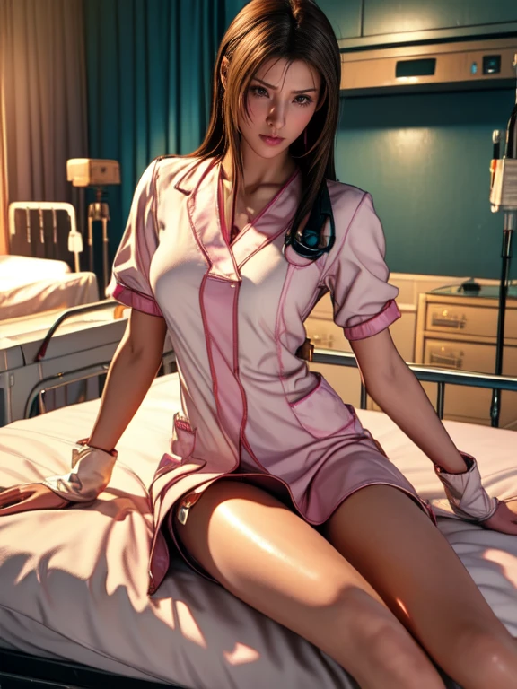 Pornographic images,Movie Scenes,Fantasy art,Best image quality,Surreal portrait,(8k),Ultra-realistic,最high quality,high quality,High resolution,high qualityの質感,Attention to detail,Beautiful details,Fine details,Highly detailed CG,Detailed Texture,Realistic facial expressions,Tabletop,before,dynamic,bold,1 Girl,(Ideal body proportions:1.5),Highly detailed skin,curve,,Beautiful breasts,Large Breasts,Pale skin,(Thinning hair),(Soft Hair),(Super Straight Hair),Long, slicked bangs,Very light coppery amber hair,Hair on one eye,(Pink nurse uniform:1.3),(Sculpture Pose:1.5),(hospital、Hospital room、Patient Bed:1.5), Tifa, (barefoot:1.4), (Tight clothing:1.5), Late Night,  mini skirt, Lying in bed