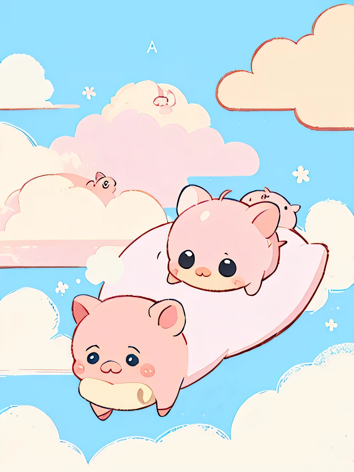 Momoko Sakura style, Kawaii Design, Chibi, (((on the Clouds))), Lots of piglets, Piglet Town