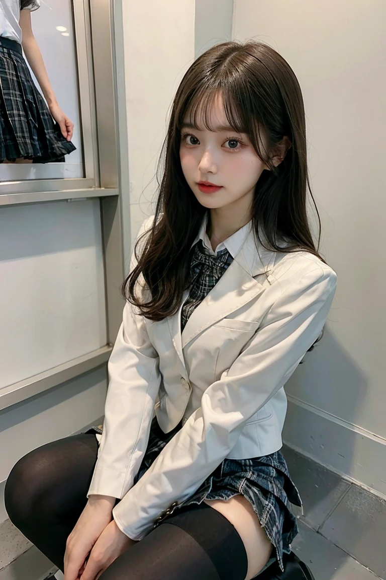 、first-class, masterpiece, High resolution, (Full body diagram from head to toe), front, frontComposition from slightly below, symmetry, 18 year old tall girl, alone, (whole body from head to toe), (small breasts), Unkempt brown hair, bangs, ((black tights)),( (black pantyhose)),(White luxury lingerie), (sit with legs spread), (squatting pose), (Composition showing white panties), (her legs spread、I can see white pants.), (I was made to sit on the floor with my legs apart..), ((((M-shaped spread legs)))), thin legs, A very beautiful and tall 18 year old girl, (not wearing shoes), blush, shy big eyes, looking at camera, (((blazer uniform, plaid pleated skirt)))、Please sit across from me、((Vulgarity)),