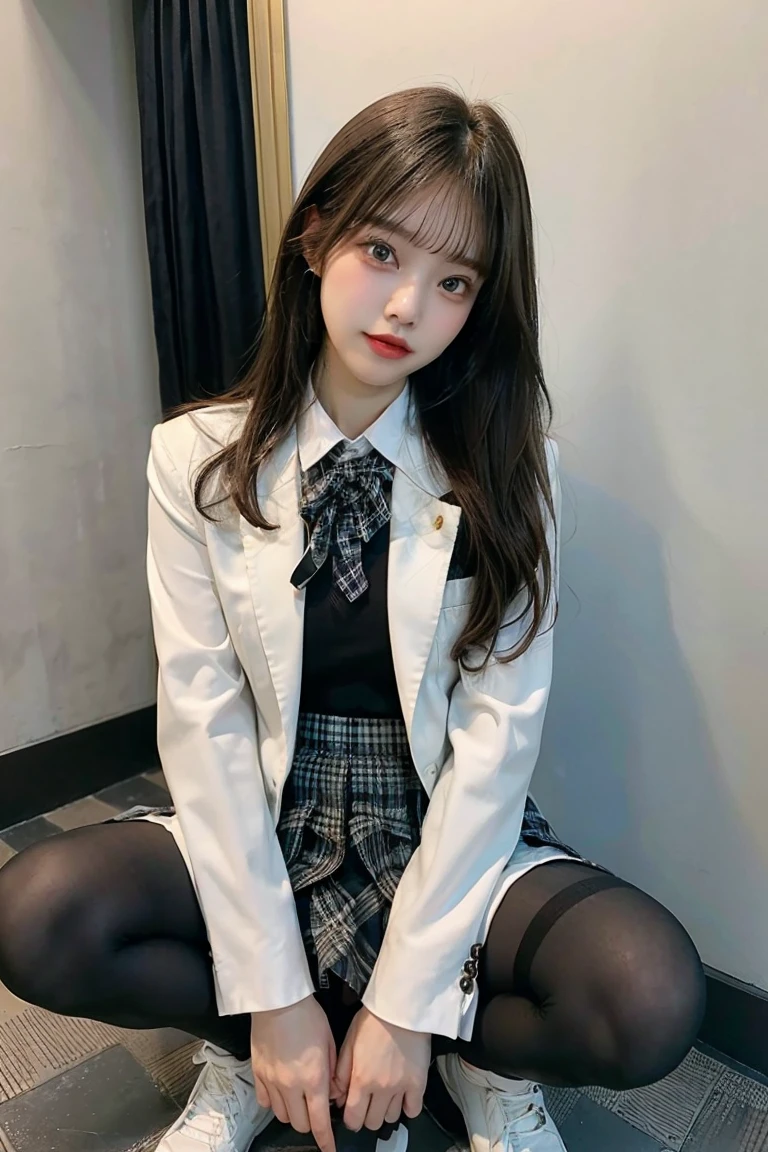 、first-class, masterpiece, High resolution, (Full body diagram from head to toe), front, frontComposition from slightly below, symmetry, 18 year old tall girl, alone, (whole body from head to toe), (small breasts), Unkempt brown hair, bangs, ((black tights)),( (black pantyhose)),(White luxury lingerie), (sit with legs spread), (squatting pose), (Composition showing white panties), (her legs spread、I can see white pants.), (I was made to sit on the floor with my legs apart..), ((((M-shaped spread legs)))), thin legs, A very beautiful and tall 18 year old girl, (not wearing shoes), blush, shy big eyes, looking at camera, (((blazer uniform, plaid pleated skirt)))、Please sit across from me、((Vulgarity)),