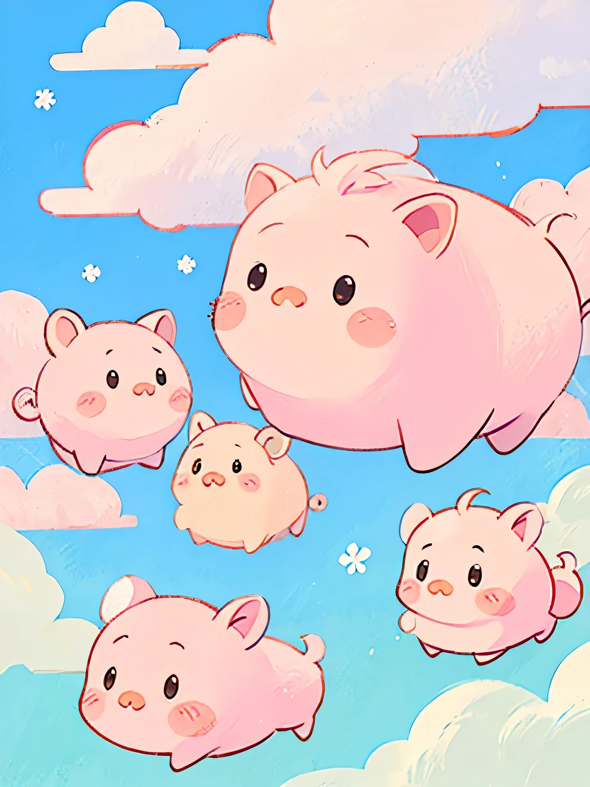 Momoko Sakura style, Kawaii Design, Chibi, (((on the Clouds))), Lots of piglets, Piglet Town