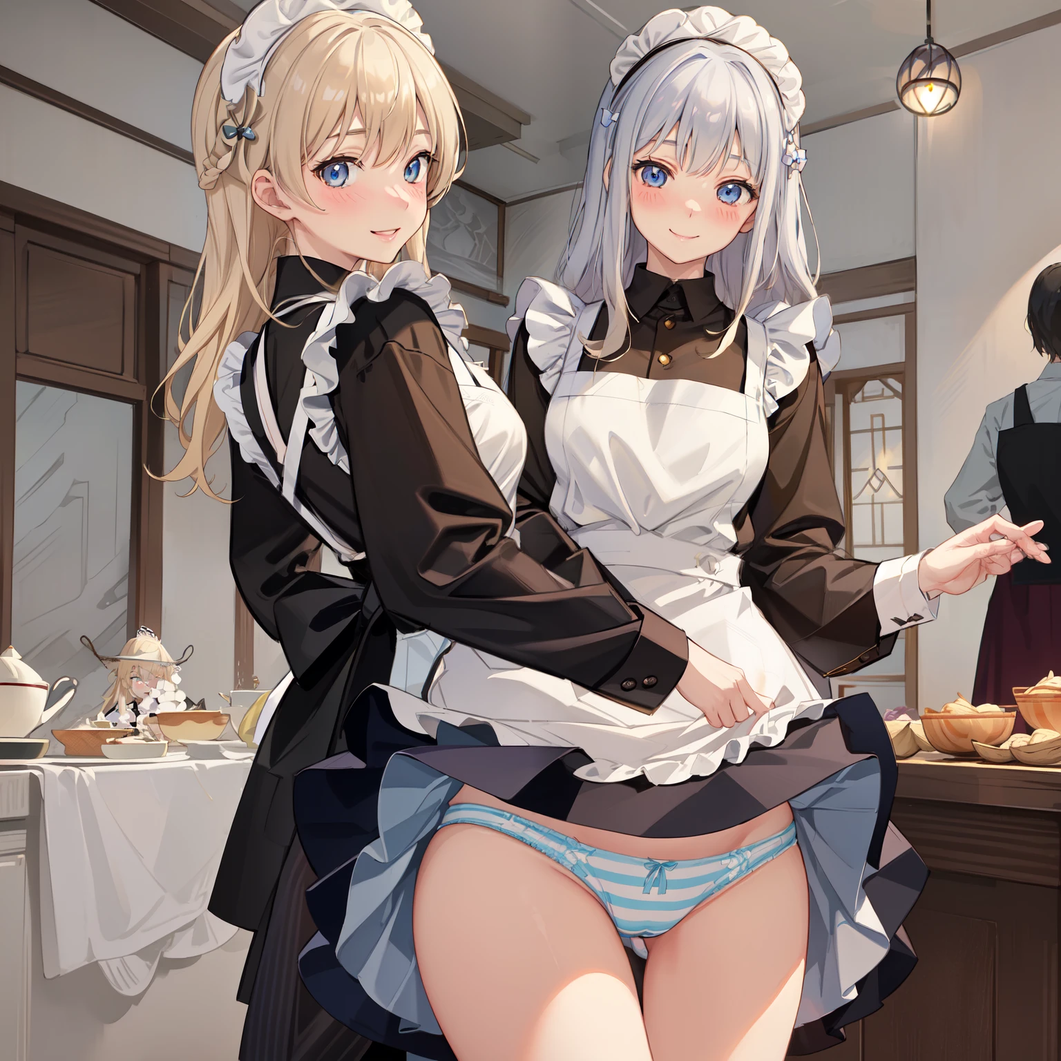 highest quality、masterpiece、((2 women))、((smile:1.3))、(blush:1.3)、Black Shirt、blouse、((fun!!))、(Small breasts)、()、Blonde、(Long sleeve)、((White apron:1.5))、((Maid))、((hair ornaments)),、Kamimei、look at me、 ((in house:1.5))、 Taking a break from watching the audience、Cowboy Shot、(Skirt lift:1.3),(Highly detailed striped panties:1.3)、(Highly detailed panties:1.3)、、(スカート that rolls up:1.3)、(Panties fully exposed:1.5)、Light blue eyes、long hair、Glowing Eyes