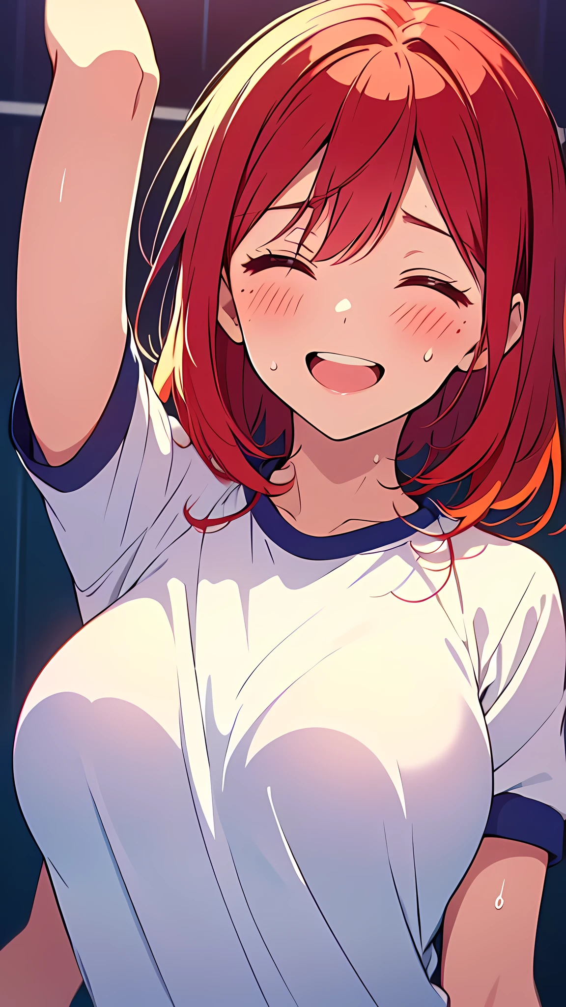 (8k:1.2)(ultra-detailed:1.4),(High quality:1.4),(best quality:1.4),(masterpiece:1.4),(huge breasts:1.1),(beautiful face:1.3),(beautiful woman:1.3),(bright red hair:1.4),medium hair,a mole around the mouth, (sweat:1.2), (enjoy:1.6), (burst into laughter:1.4), (squinting:1.4),(simple plain uniform:1.1),(gym uniform:1.2),(round neck white t-shirt:1.2),navy blue short Sweatpants,upper body,(closed eyes:1.2),school gym
