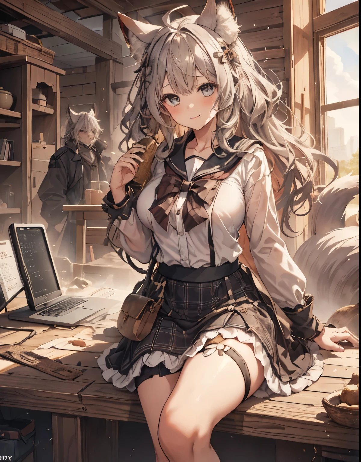 masterpiece, 1girl, sparrow, a silver haired girl, wearing a sailor clothes, curly long hair, messy hair, slim body, he close her left eye, shirt ornament, ruby eyes, ahoge, baby face, bige breast, beautiful breasts, rounded breasts, long sleeves, beautiful eyes, white stocking, droopy eyes, skirt, black skirt, plaid skirt, her age is 19 years old, ricefield, bowtie, sailor collar, flared skirt, tight shirt, skirt, wakamo_bluearchive, lovely face, medium hair, lovely smile, curly hair, sit, fox ears