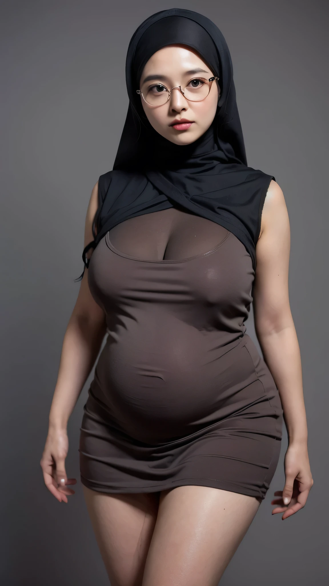 Women wearing Sharia Hijab, Short dress, sneakers, Chubby cheeks, Chubby arm, Chubby, Glasses, Large Breasts, hot pants, Chubby tight, Wearing the hijab, Chubby, BBC, pretty girl, Mature and plump, Plump woman, Clean and smooth photos, all star, high quality, 最high quality, Good vibes, Stylish, tattoo ,pregnant woman、Pregnant women