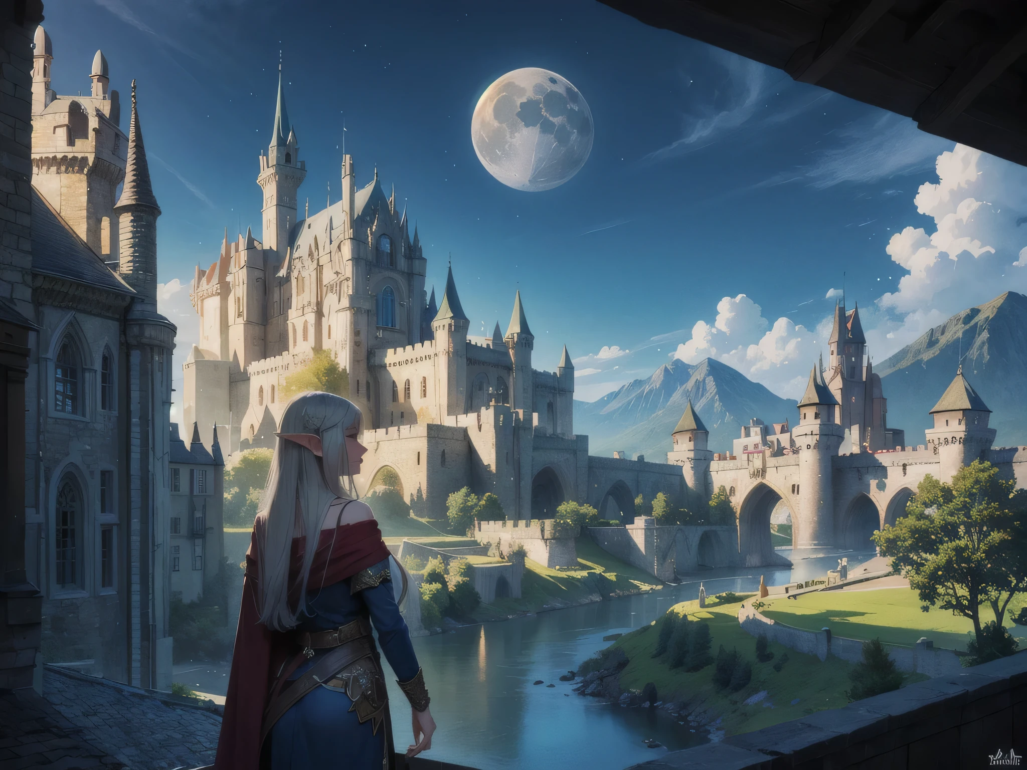 fantasy art, RPG art, a princess looking through her window at a magical castle, a beautiful elven princess looking through her window to see a magical castle, an impressive best detailed castle, with towers, bridges, a moat, standing on top of a mountain, moon, 