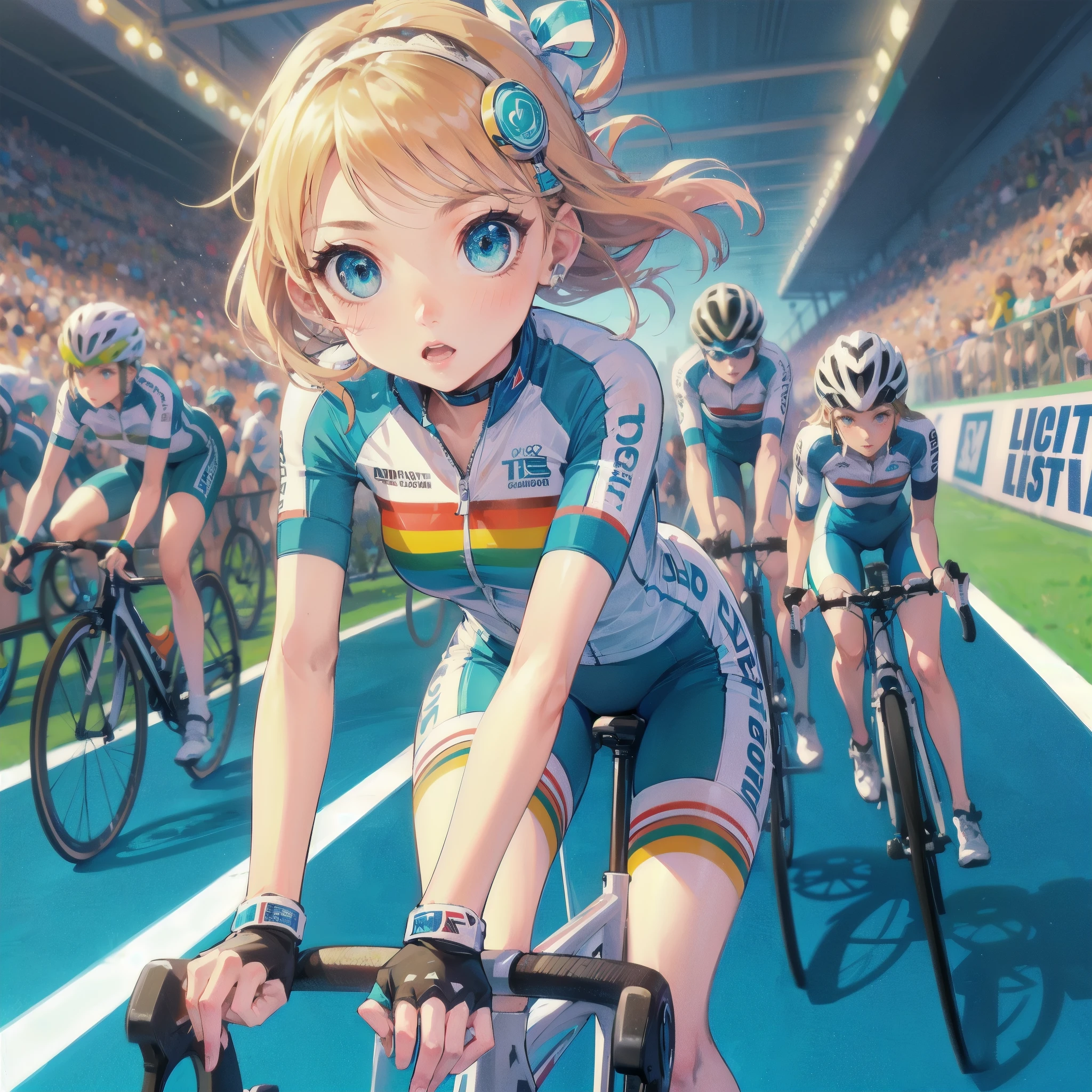 high quality,HD,16k,sharp lines,1 girl,Female cycling athlete ,cute face, large breasts, nice legs,At the cycling venue,focus girl,detailed beautiful face,detailed clothes,beautiful eyes,cool,dynamic angle