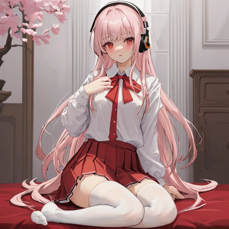 (8k、highest quality、masterpiece:1.2)、Illustration touch、Ultra-detailed、Super A High Resolution、Light pink hair、long hair、Headphones、Woman in uniform、High 、White long sleeve blouse、The top button is fastened、The red ribbon is tied tightly、Red ribbon tie、navy blue sweater vest、Red Check Skirt、Red Check Skirt、mini skirt、White knee socks、Long white socks、delicate、Sitting duck-style on the bed、M-shaped legs、Inner thighs、White panties、(School uniform:1.4)、Blushing