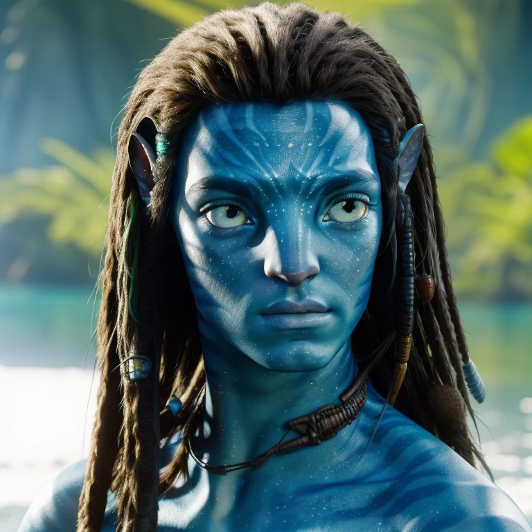 avtr:1.1, avatar style, portrait:1.6, 1boy, male, (AvSpider), (blue skin tone:1.0), (long hair:1.0), dreadlocks, black hair color, (brown eyes), (young adult), 18 years old:1, face wrinkles, wearing tribal clothing, detailed eyes, toned body, muscled body, vibrant colors, glowing, ethereal atmosphere, surrealistic dreamy lighting, textured skin, otherworldly beauty, mesmerizing photography, (best quality, highres), vivid colors, ultrarealistic, skin details, striped skin, sfw, face close-up:0.5, ultradetailed body