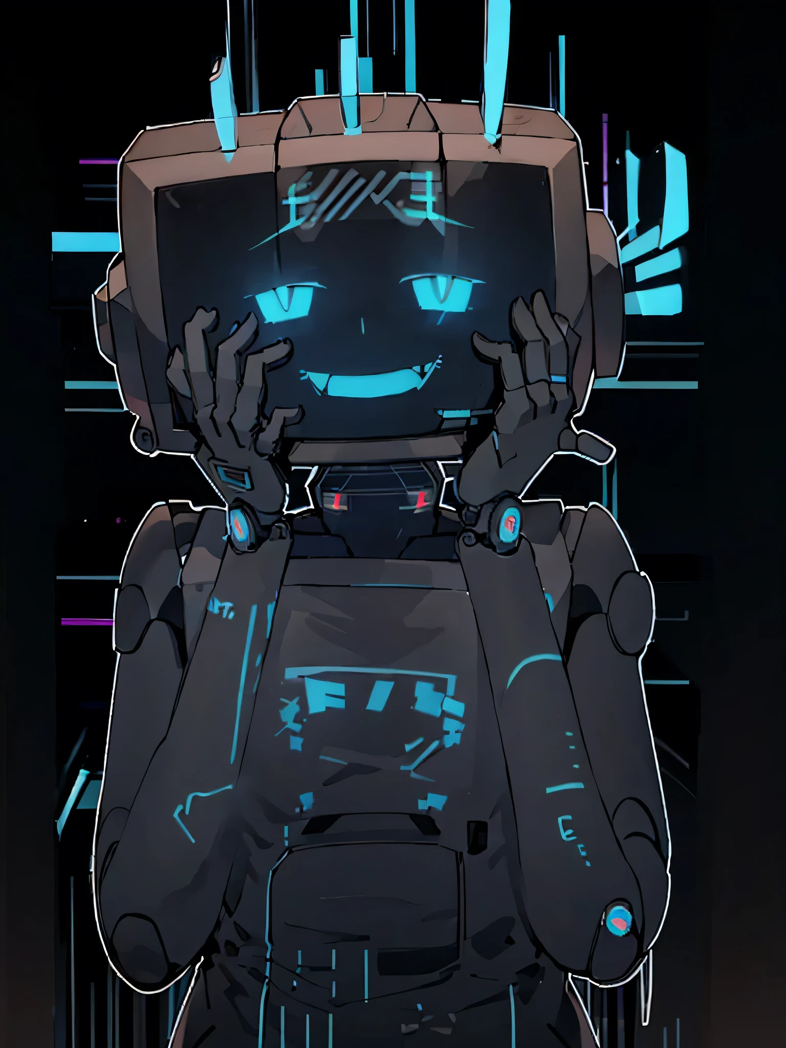 4K,bust shot,,(monitor head robot man),(demoniac smile with blue neon line),from front, ID photo,yandere trance, (yandere), hands on own face