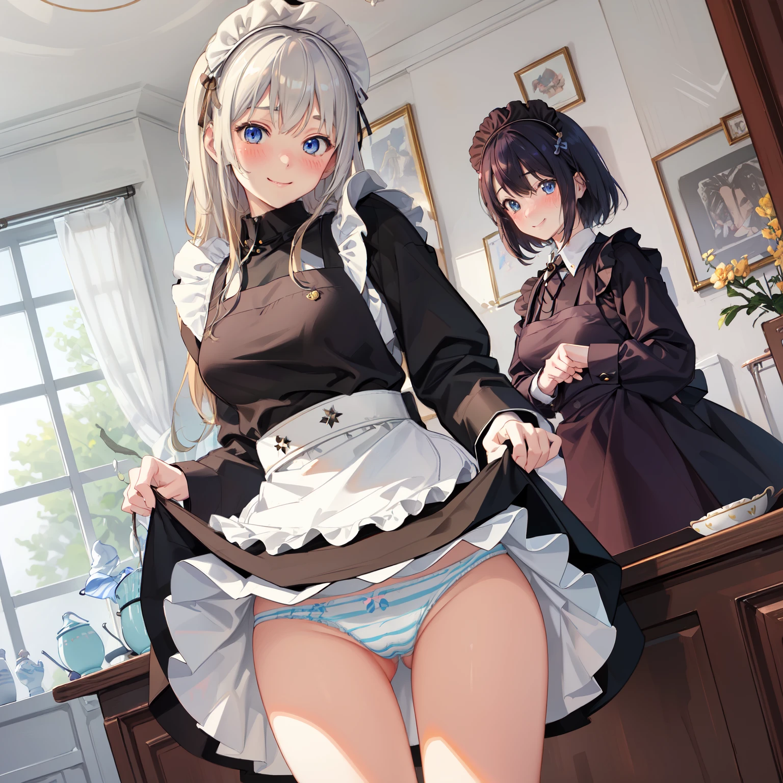 highest quality、masterpiece、((2 women))、((smile:1.3))、(blush:1.3)、Black Shirt、blouse、((fun!!))、(Small breasts)、()、Blonde、(Long sleeve)、((White apron:1.5))、((Maid))、((hair ornaments)),、Kamimei、look at me、 ((in house:1.5))、 Taking a break from watching the audience、Cowboy Shot、(Skirt lift:1.3),(Highly detailed striped panties:1.3)、(Highly detailed panties:1.3)、、(スカート that rolls up:1.3)、(Panties fully exposed:1.5)、Light blue eyes、long hair、Glowing Eyes