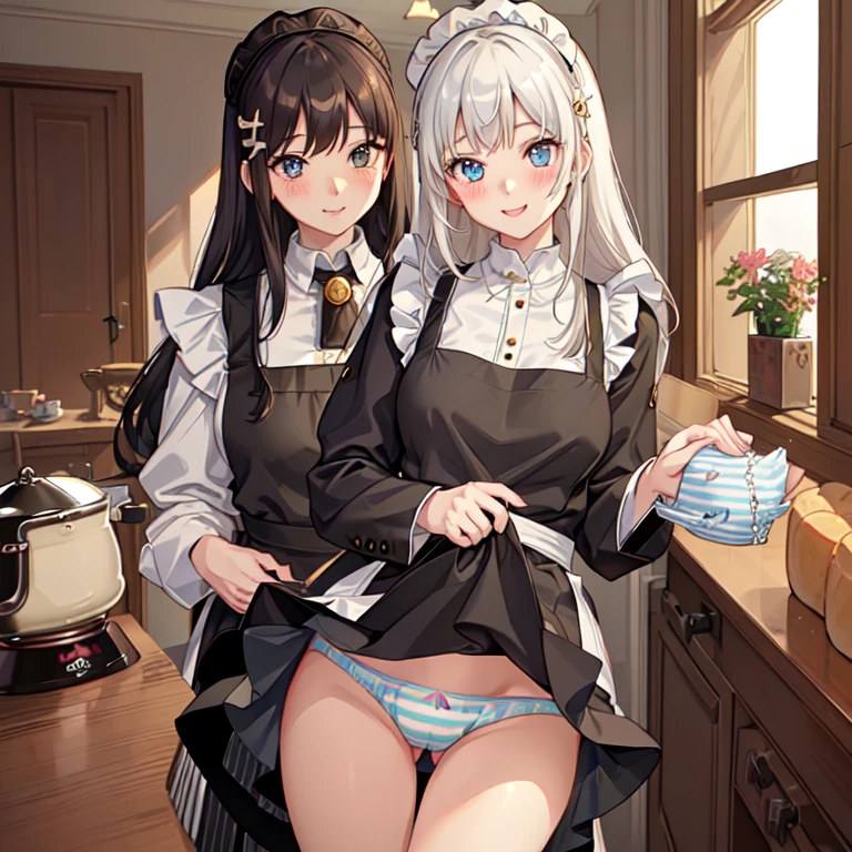 highest quality、masterpiece、((2 women))、((smile:1.3))、(blush:1.3)、Black Shirt、blouse、((fun!!))、(Small breasts)、()、Blonde、(Long sleeve)、((White apron:1.5))、((Maid))、((hair ornaments)),、Kamimei、look at me、 ((in house:1.5))、 Taking a break from watching the audience、Cowboy Shot、(Skirt lift:1.3),(Highly detailed striped panties:1.3)、(Highly detailed panties:1.3)、、(スカート that rolls up:1.3)、(Panties fully exposed:1.5)、Light blue eyes、long hair、Glowing Eyes