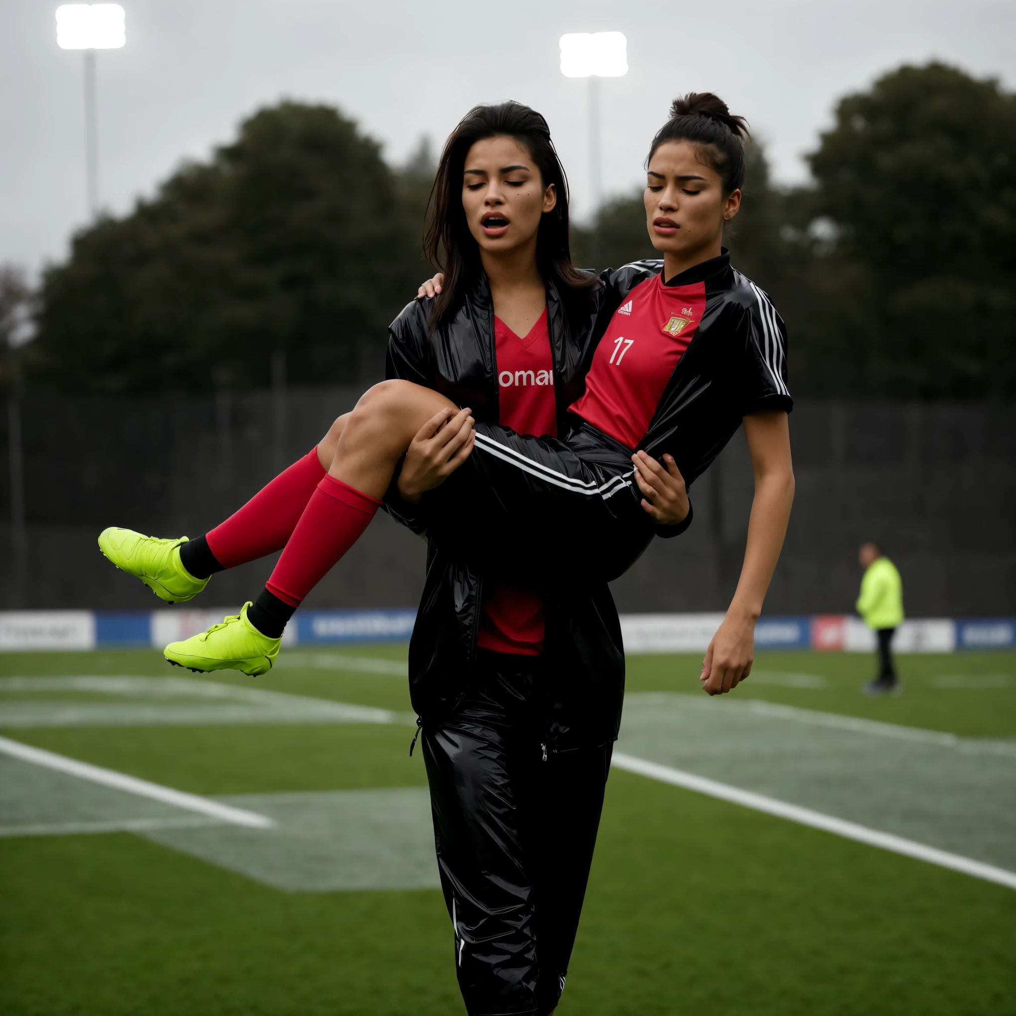 soccer action pose, piggyback pose, a very beautiful young girl in a very shiny black coat is carrying a man, piggyback ride in a sports stadium, a man in a thin orange cotton shirt, affection pose, lecherous action pose, a madeup young schoolgirl in a high-shine black padded downcoat, dramatic action pose, theatralic pose, there is an very attractive woman that is carrying a wounded ahtlete, there is a beautiful woman in a shiny coat who is carrying a young sportsman piggyback from the field, soccer action scene, injury scene, first aid in sports transport of a wounded player, piggyback, a longhaired beautiful woman in a high-shine coat, a longhaired woman in a shiny coat, a woman is carrying a shorthaired man who is wearing an thin orange cotton sports outfitt, a weak man in sports shorts is consciousless and needs to be carried, a shorthaired man with closed eyes is carried piggyback a longhaired woman, a woman looks very scared and terrified, a consciousless man with closed eyes is suffering very much and has a very painful face, photo, photo shoot, photographed , accident, help, aid, first aid, pity