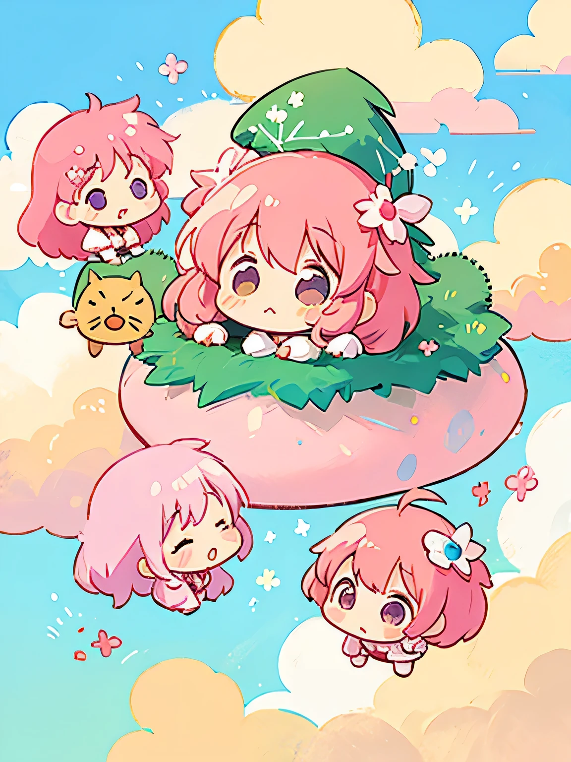 Momoko Sakura style, Kawaii Design, Chibi, (((on the Clouds))), Lots of little people, Dwarf Forest