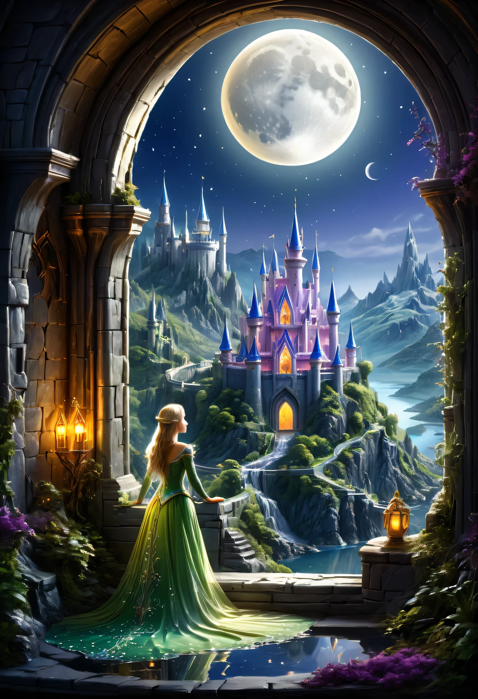 fantasy art, RPG art, a princess looking through her window at a magical castle, a beautiful elven princess looking through her window to see a magical castle, an impressive best detailed castle, with towers, bridges, a moat, standing on top of a mountain, moon, colouredglazecd_xl, BJ_Full_Moon