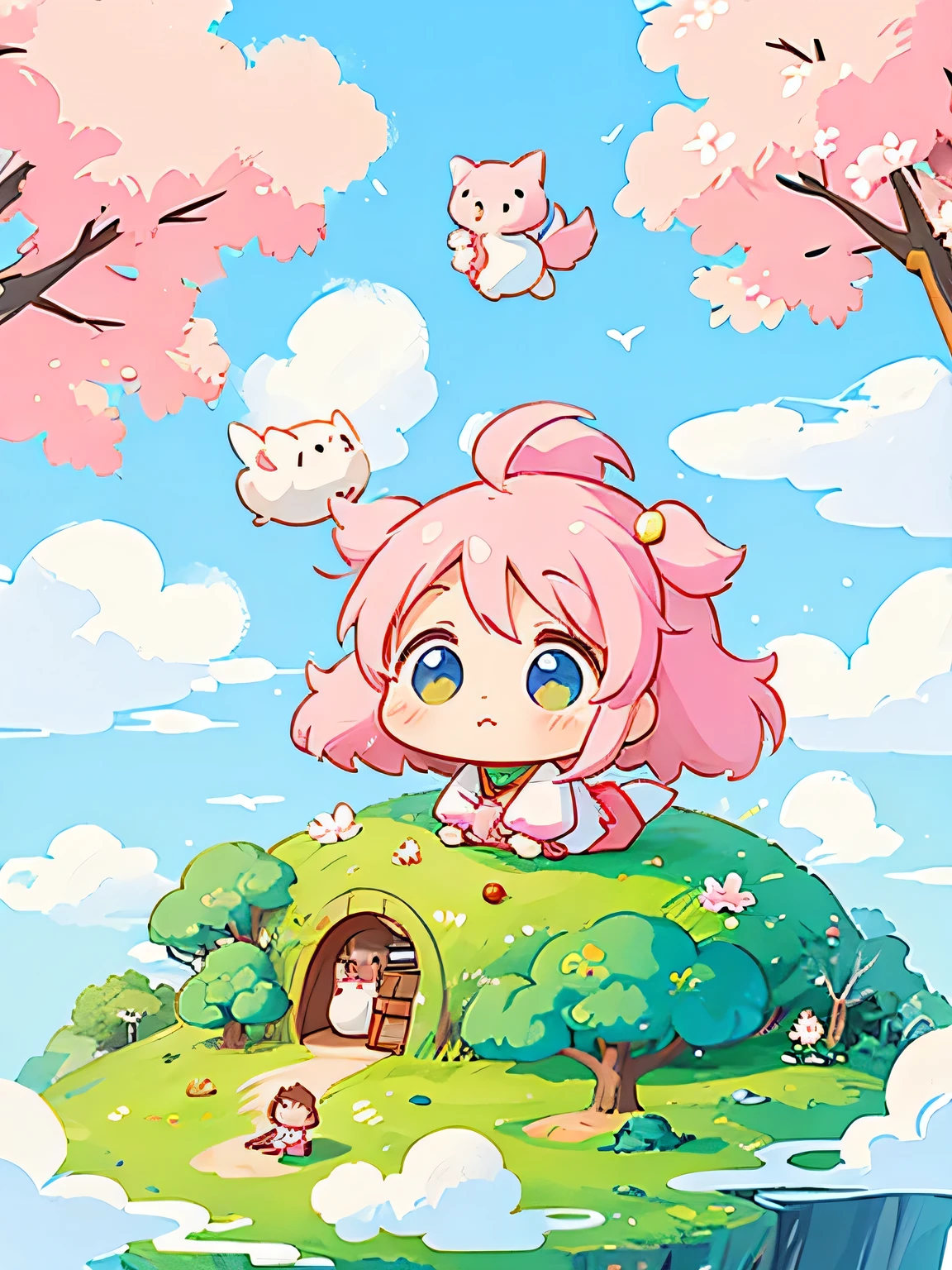 Momoko Sakura style, Kawaii Design, Chibi, (((on the Clouds))), Lots of little people, Dwarf Forest