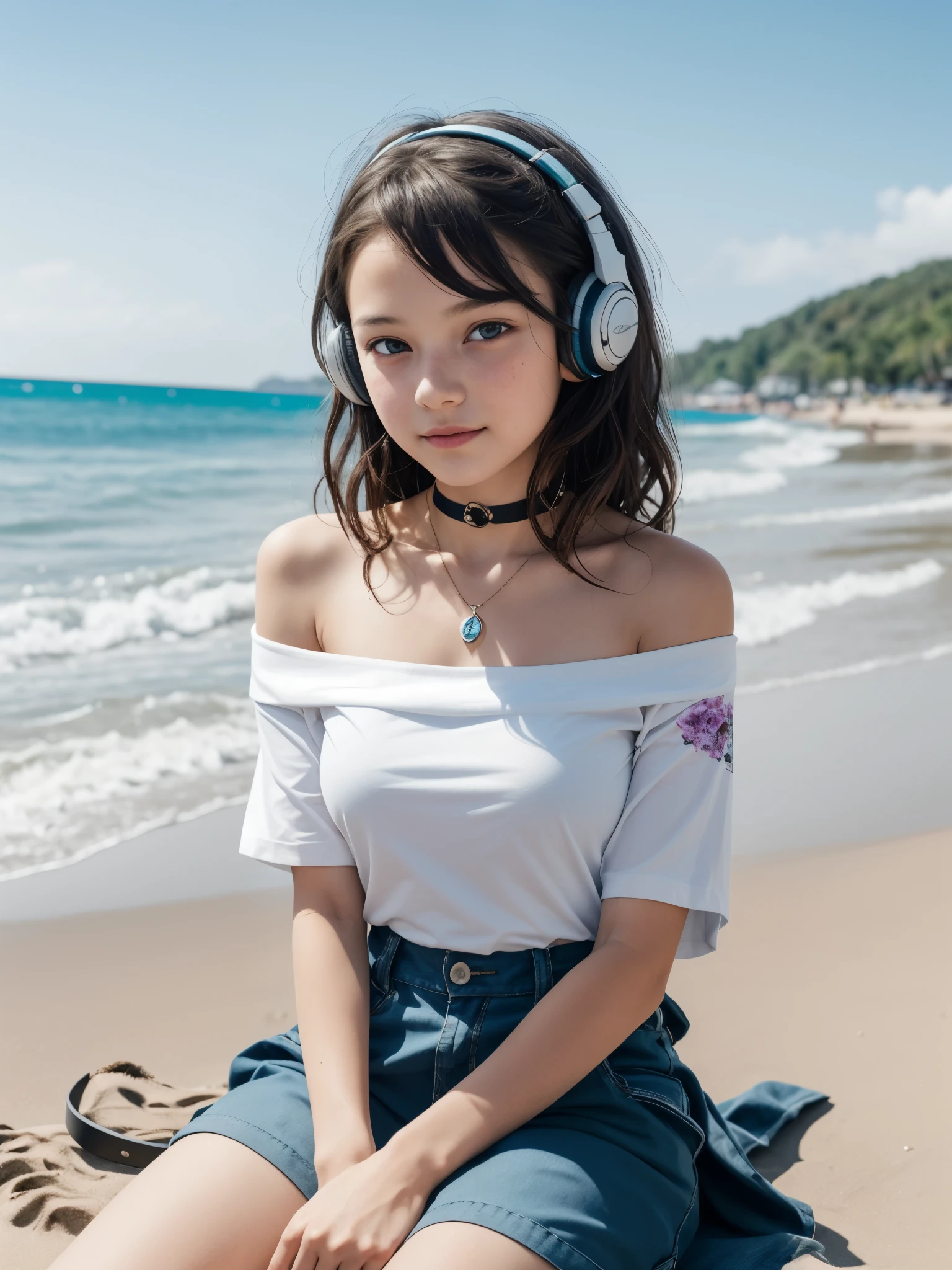girl sitting on beach, BREAK, 1girl, detailed face, relax, sitting, head tilt, headphone, beach side, waves, loose t-shirt, cargo pants, stylish necklace, (best quality, masterpiece), intricate details, off shoulder, skirt, choker, frills, see-through, looking at viewer, blush, upper body, blurry background, floral print, contrapposto, breast, (11yo, cute:1.4), 