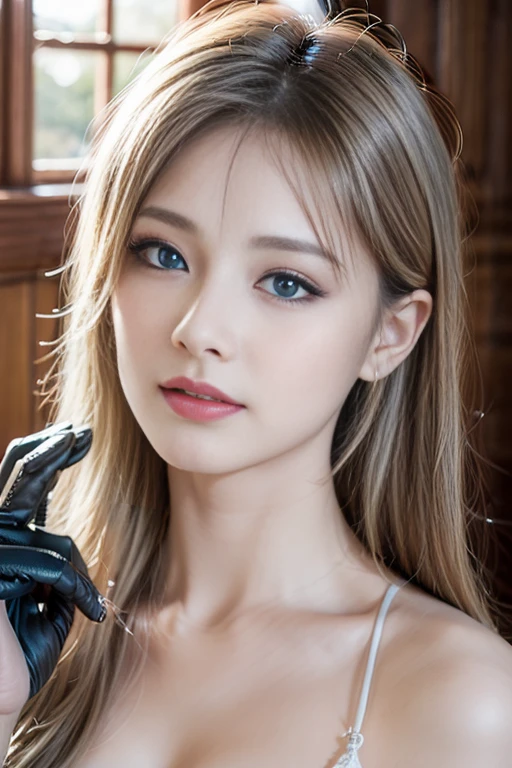 Photography Awards, Masterpiece, realistic, high resolution, soft light, woman \\(Genshin เอฟเฟกต์\\) , long hair, womanที่เป็นผู้ใหญ่, decorate, black gloves, Grooming, set, blonde hair, long hair,Close your eyes., blue eyes,set,Grooming, chest, bare shoulders, navel, rift