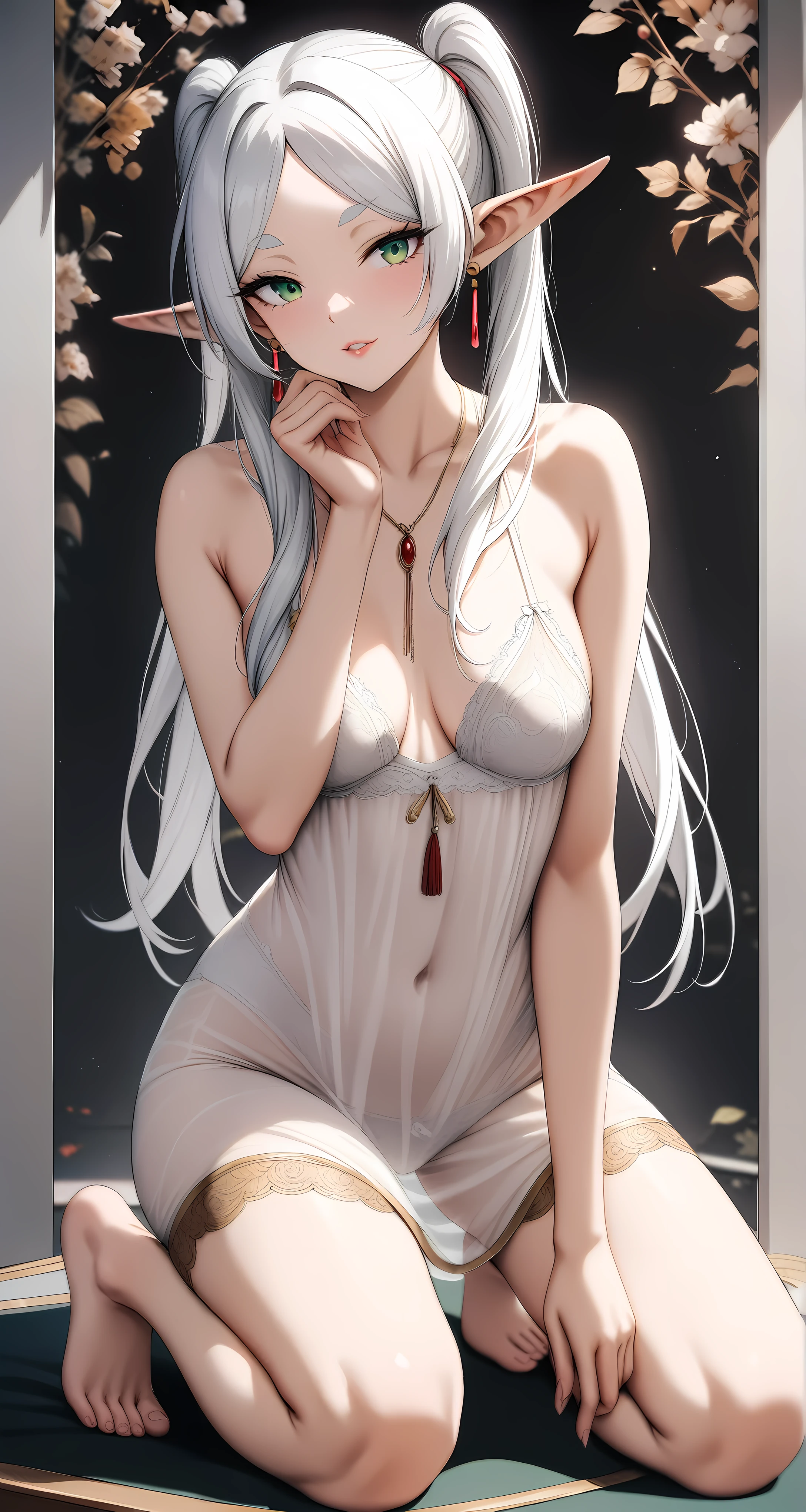 chinese underwear,underwear,1girl,(frieren),mature female,elf,solo,green_eyes,white hair,long hair,twintails,thick lips,parted bangs,pointy ears, jewelry, solo,seductive smile,nsfw, barefoot, see-through dress ,hair bun, hair ornament, simple background, looking at viewer, earrings, detailed eyes, Perfect features, (masterpeace, best quality, good quality:1.4), masterpeace, intricate details, full body, sexy, sexy pose ,(masterpiece, best quality, high quality, highres, ultra-detailed),