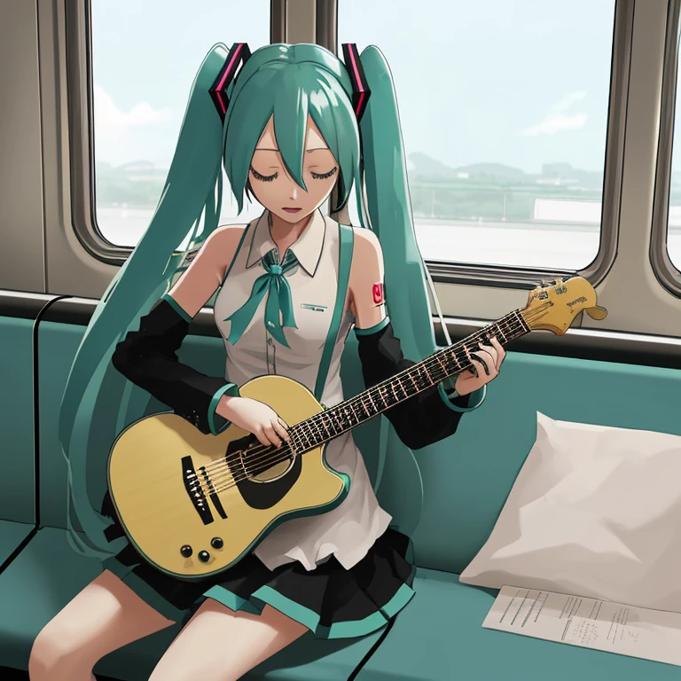 Hatsune Miku playing the guitar badly on the train