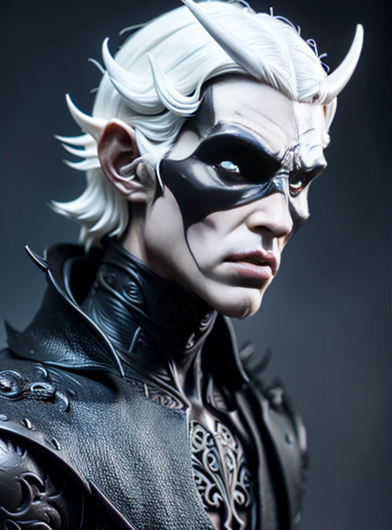 a close up of a man with a weird body and a weird face, fit male demon with white horns, lolth, portrait of a slender elven man, full body close-up shot, 😱 chaos · nightmare resin, beautiful male drow, male drow, sculpted, symbiote, vecna from stranger things, wendigo, intricate body