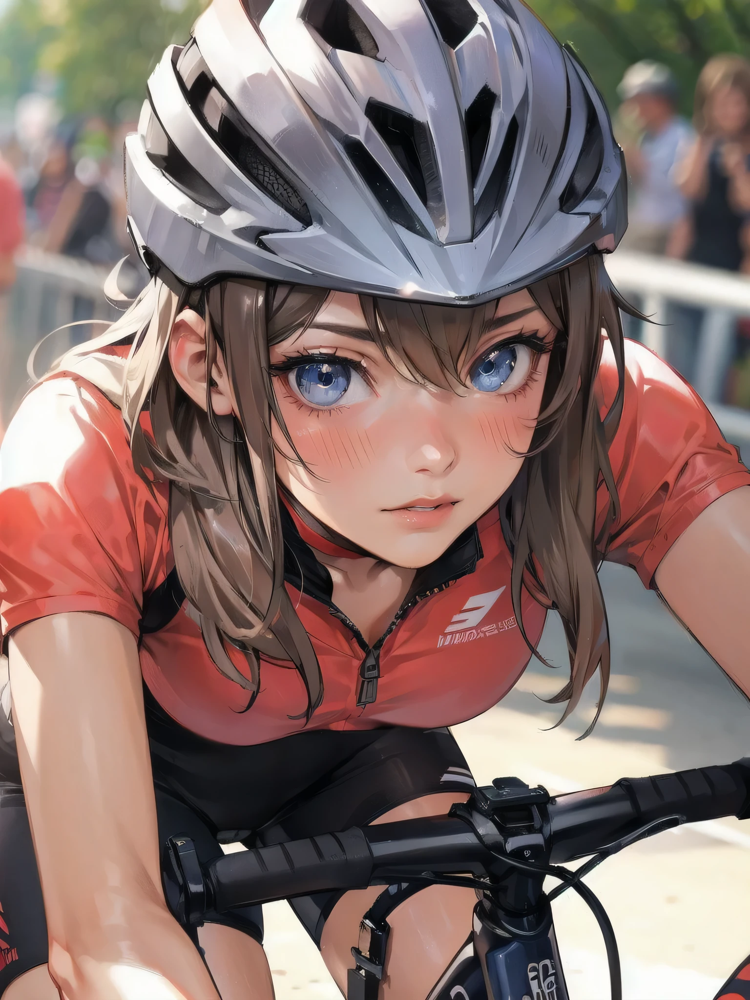 high quality,HD,16k,sharp lines,1 girl,Female cycling athlete ,cute face, large breasts, nice legs,At the cycling venue,focus girl,detailed beautiful face,detailed clothes,beautiful eyes,cool,dynamic angle