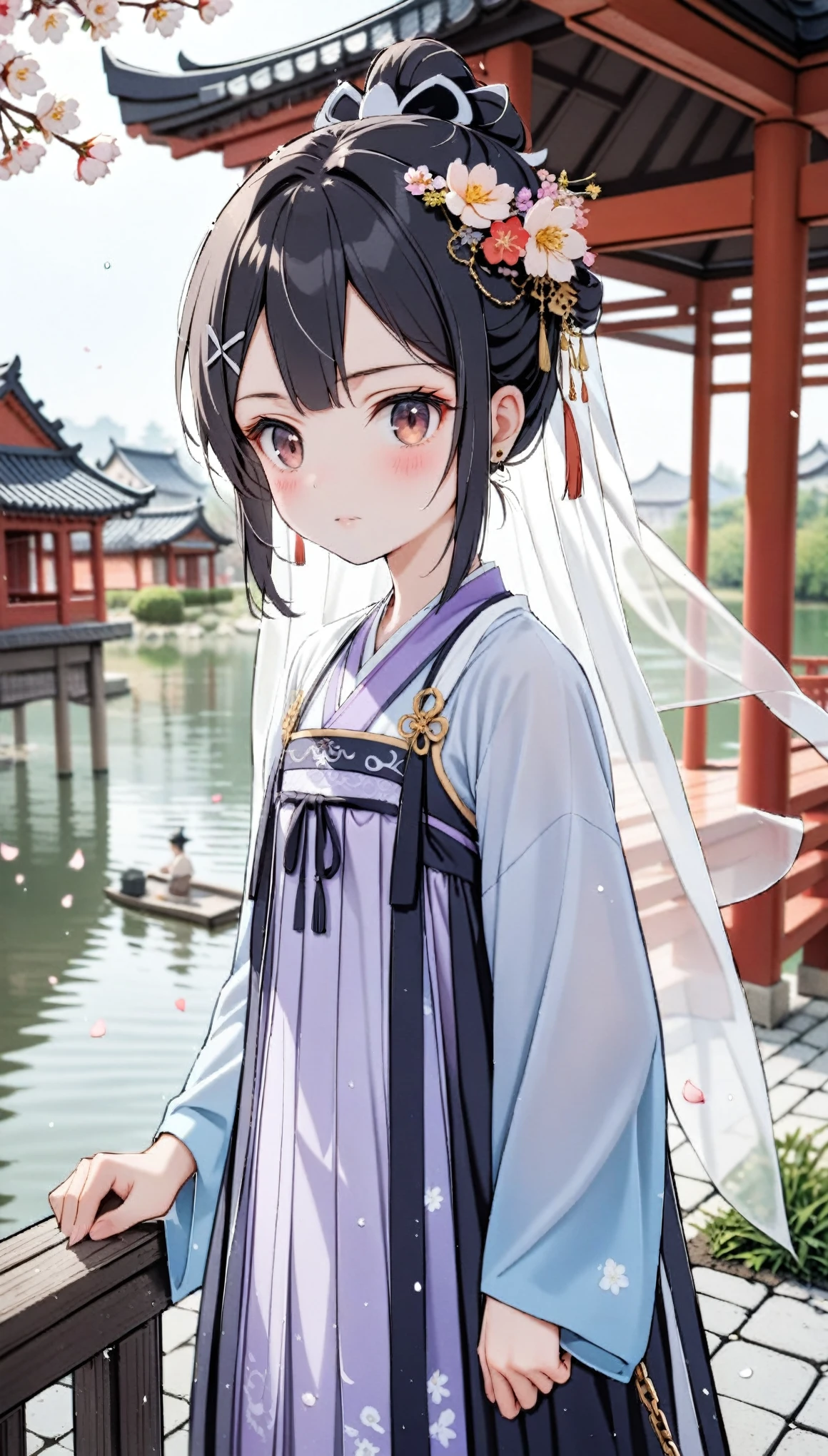 1girl,(Miyu Edelfelt),loli,solo,bangs,brown_eyes,black hair,updo,expressionless,blush,flower,beautiful detailed_background,small breasts,butterfly,(purple gorgeous hanfu, jin style outfits),gold trim,upper shan, chest ru skirt, cape coat,earrings,mask,chain,face chain,((veil)),explicit,flower,general,x hair_ornament,hanfu,hand holding umbrella,((peach blossom)),jewelry,long_hair,looking_at_viewer,questionable,sensitive,solo,tassel,tassel_earrings,upper_body,outdoor,(spring),rain,Chinese style architecture, Chinese style, lake, ancient town, beautiful and meticulous water, (Fishing boat), pavilion,steam,Surrounding by falling peach blossoms petals, han style