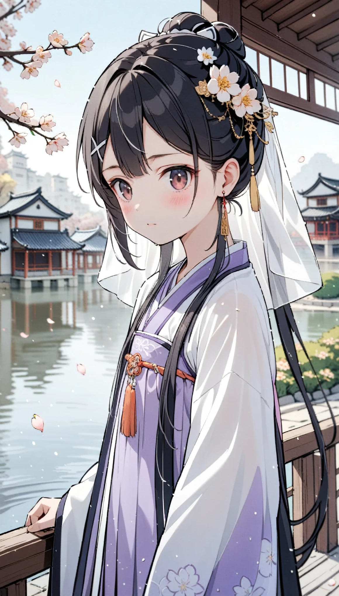 1girl,(Miyu Edelfelt),li,solo,bangs,brown_eyes,black hair,updo,expressionless,blush,flower,beautiful detailed_background,small breasts,butterfly,(purple gorgeous hanfu, jin style outfits),gold trim,upper shan, chest ru skirt, cape coat,earrings,mask,chain,face chain,((veil)),explicit,flower,general,x hair_ornament,hanfu,holding an oil-paper umbrella,((peach blossom)),jewelry,long_hair,looking_at_viewer,questionable,sensitive,solo,tassel,tassel_earrings,upper_body,outdoor,(spring),rain,Chinese style architecture, Chinese style, lake, ancient town, beautiful and meticulous water, (Fishing boat), pavilion,steam,Surrounding by falling peach blossoms petals, han style