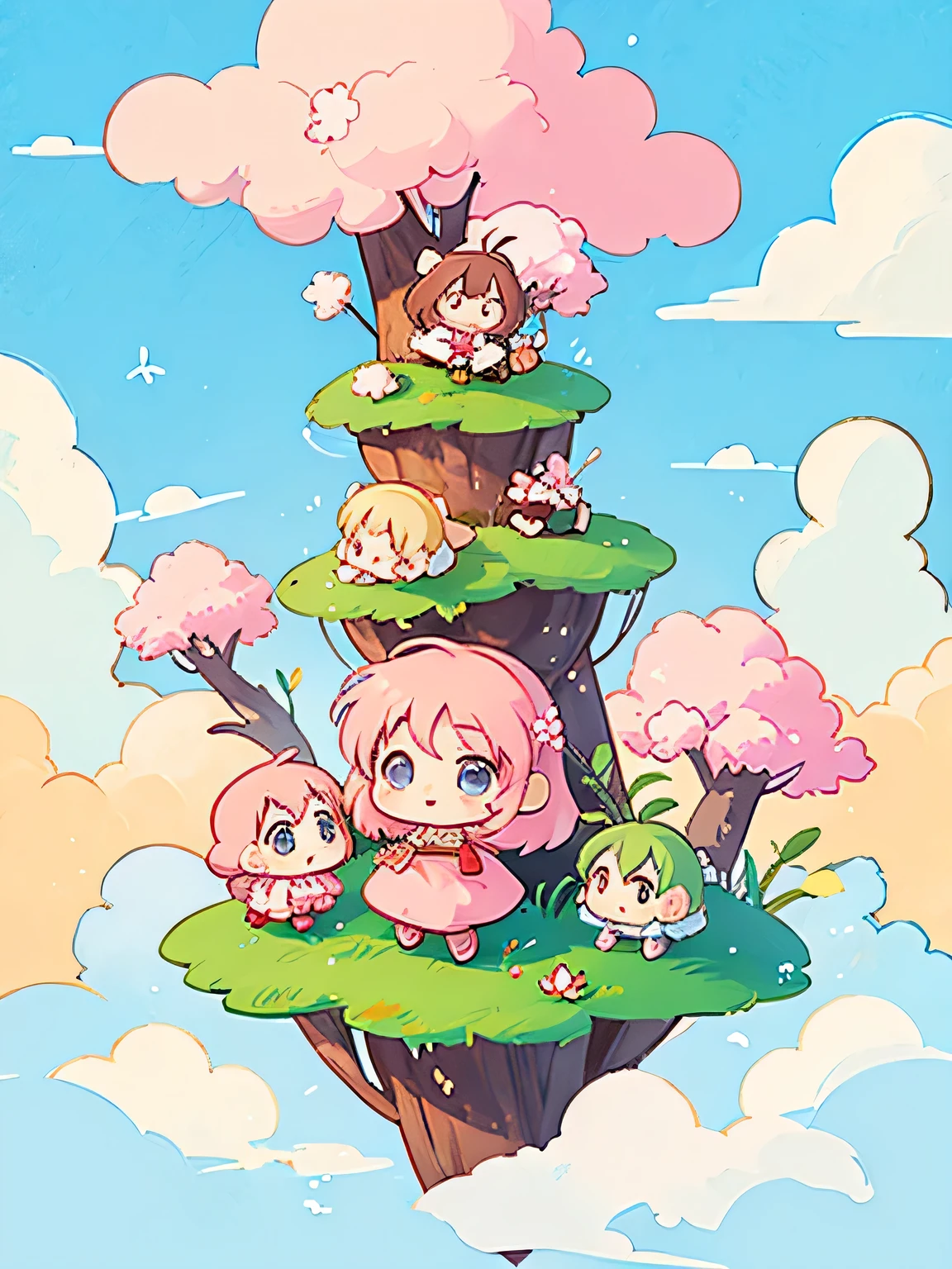 Momoko Sakura style, Kawaii Design, Chibi, (((on the Clouds))), Lots of little people, Dwarf Forest