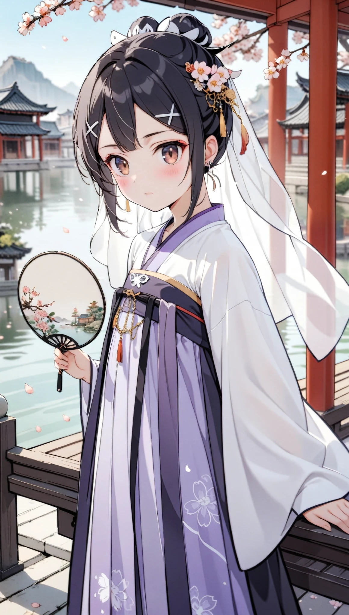 1girl,(Miyu Edelfelt),li,solo,bangs,brown_eyes,black hair,updo,expressionless,blush,flower,beautiful detailed_background,small breasts,butterfly,(purple gorgeous hanfu, jin style outfits),gold trim,upper shan, chest ru skirt, cape coat,earrings,mask,chain,face chain,((veil)),explicit,flower,general,x hair_ornament,hanfu,holding_round fan,((peach blossom)),jewelry,long_hair,looking_at_viewer,questionable,sensitive,solo,tassel,tassel_earrings,upper_body,(spring),Chinese style architecture, Chinese style, lake, ancient town, beautiful and meticulous water, (Fishing boat), pavilion,steam,Surrounding by falling peach blossoms petals, han style