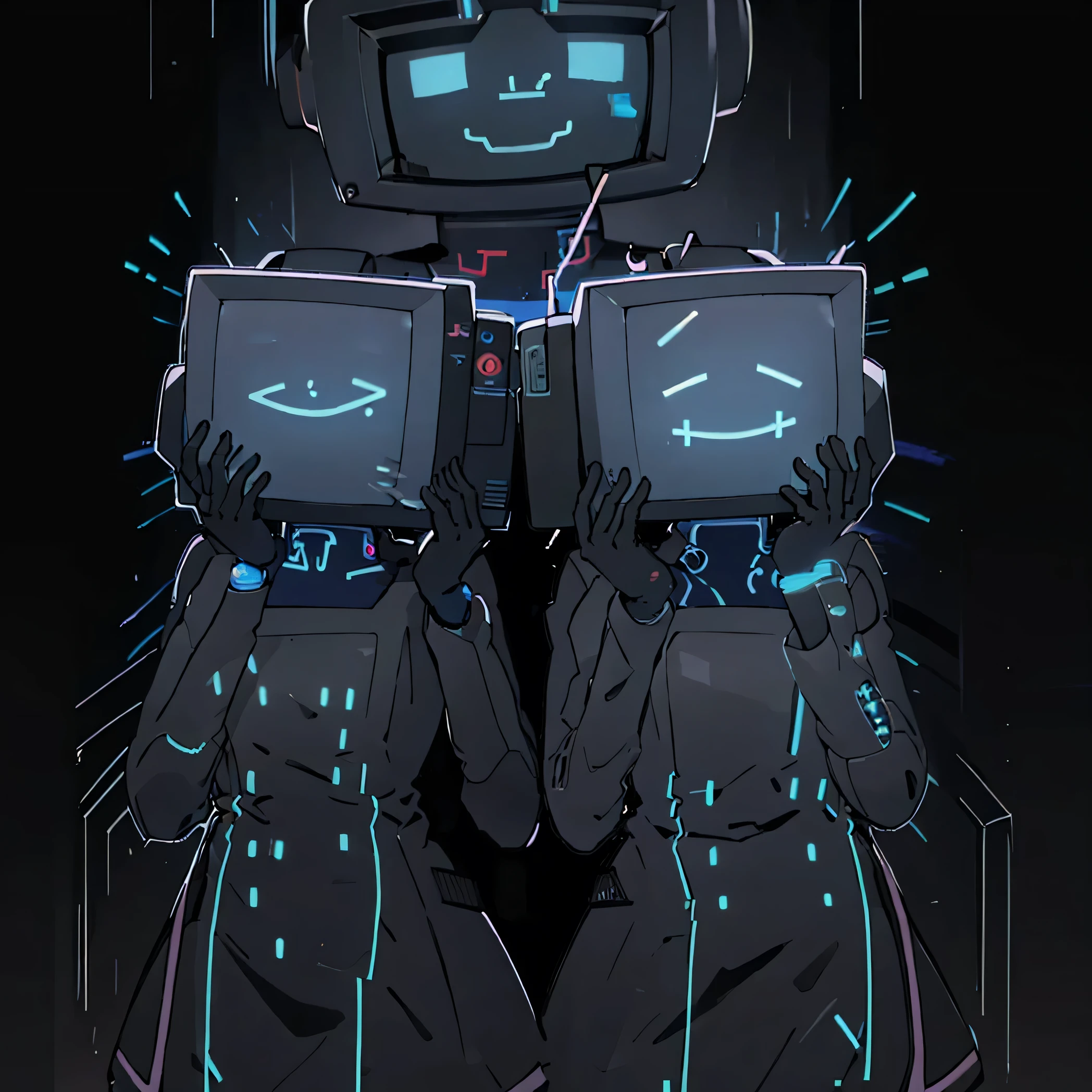 2 person,4K,bust shot,,(monitor head robot man),(demoniac smile with blue neon line),from front, ID photo,yandere trance, (yandere), hands on own face