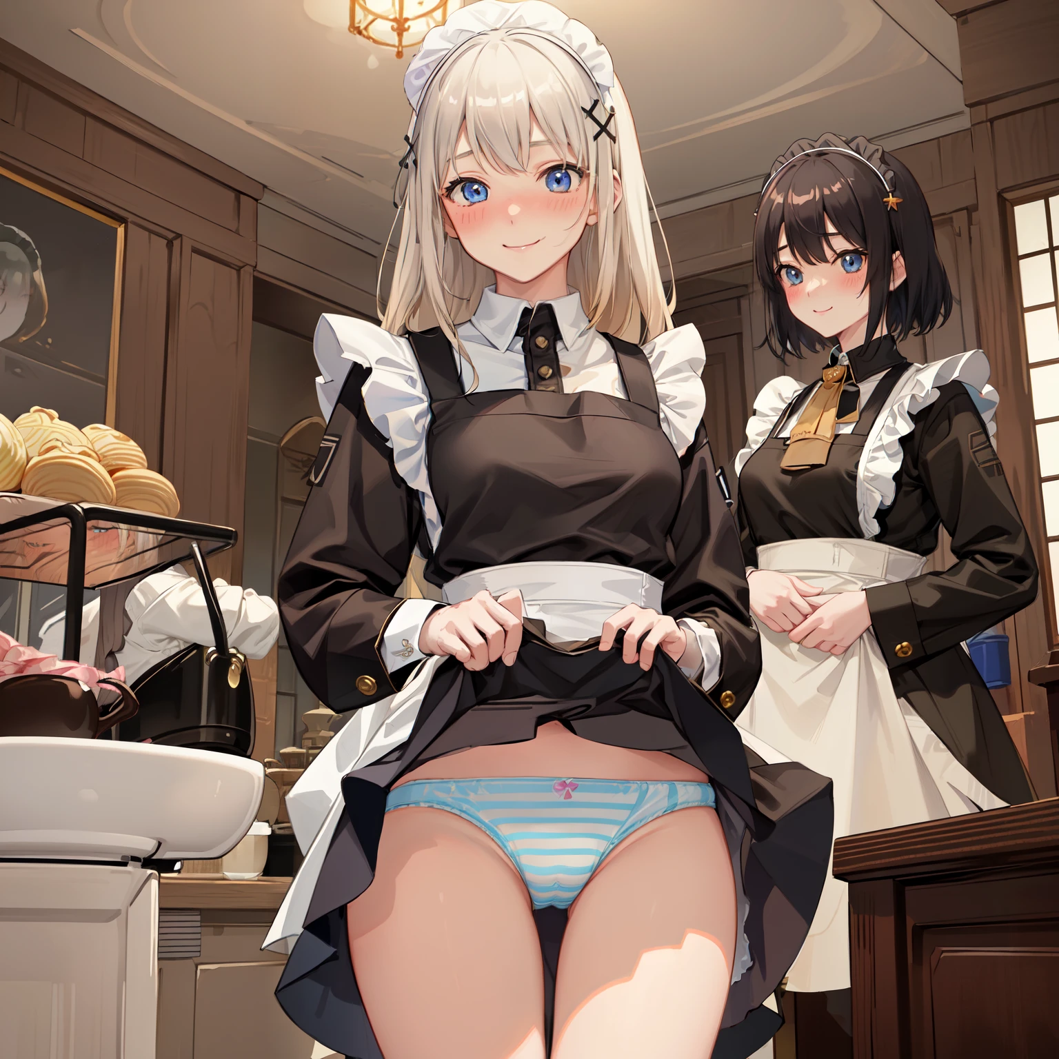highest quality、masterpiece、((2 women))、((smile:1.3))、(blush:1.3)、Black Shirt、blouse、((fun!!))、(Small breasts)、()、Blonde、(Long sleeve)、((White apron:1.5))、((Maid))、((hair ornaments)),、Kamimei、look at me、 ((in house:1.5))、 Taking a break from watching the audience、Cowboy Shot、(Skirt lift:1.3),(Highly detailed striped panties:1.3)、(Highly detailed panties:1.3)、、(スカート that rolls up:1.3)、(Panties fully exposed:1.5)、Light blue eyes、long hair、Glowing Eyes