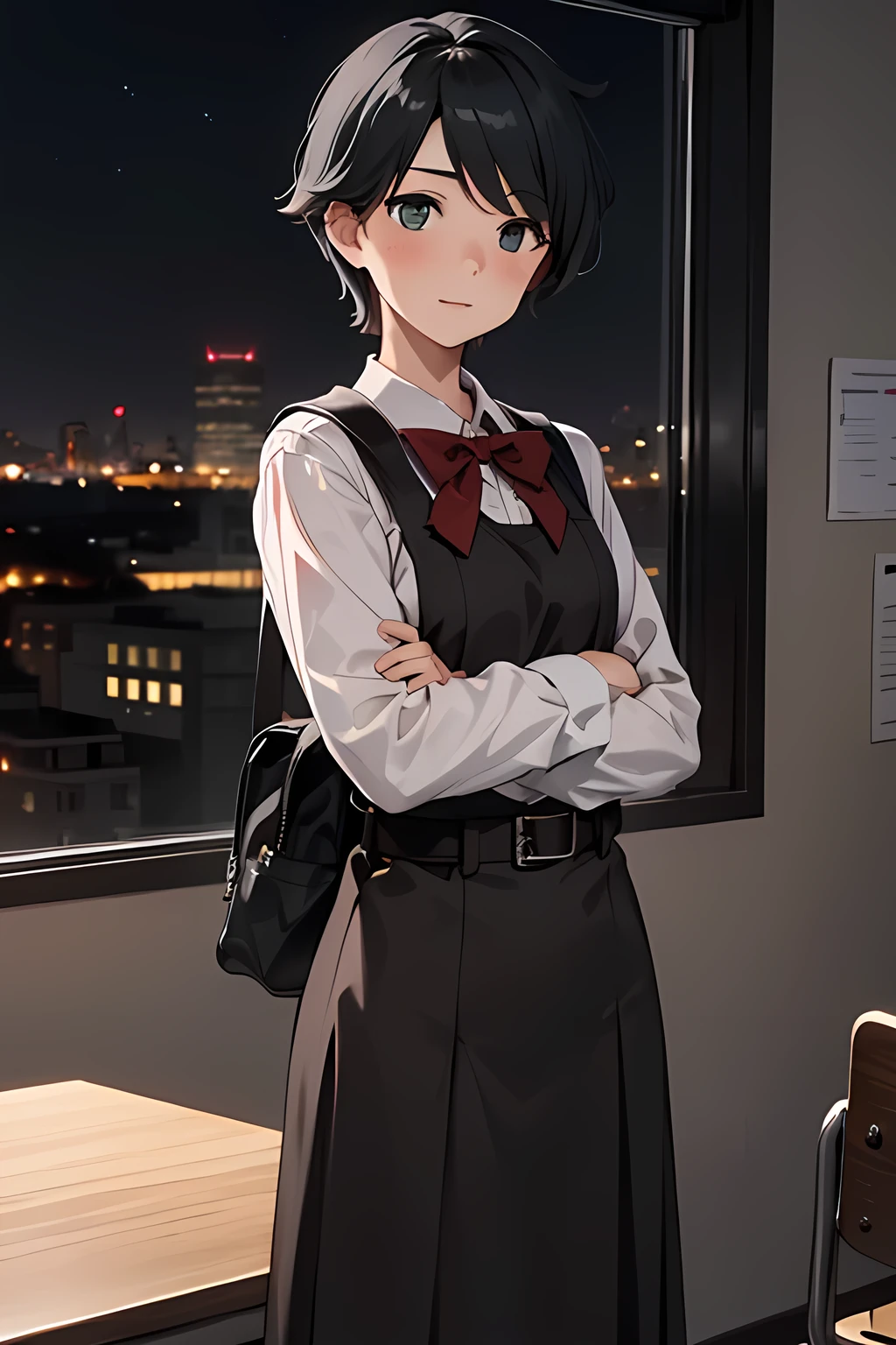 ((masterpiece,best quality)), highres, extremely detailed 8K wallpaper, depth_of_field, best shadow, (Colorful),(Delicate eyes and face), Perfect hands, (no lighting), Ray tracing, BREAK
(1girl), mogami \(kancolle\), black hair, short hair, black eyes / green eyes, swept bangs, (full-face blush), slender, skinny, best smile, parted lips, BREAK,
standing, perfect hands, BPD,((black pinafore dress)),long skirt,red bowtie,belt, school bag, BREAK,
Cowboy Shots and knee, school, classroom, (((night time))), ((dark backgrounds:1.2)),