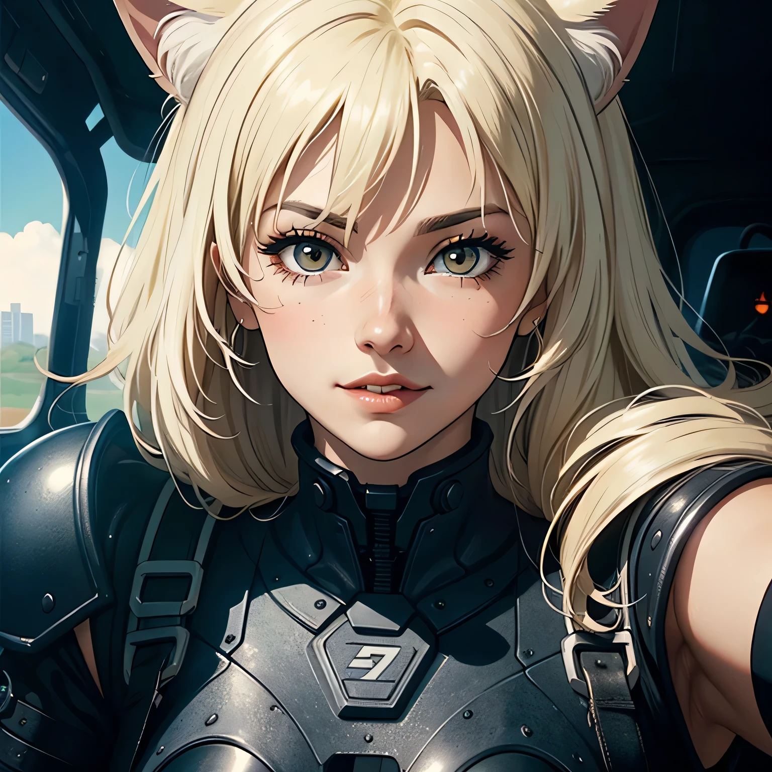 ((highest quality)), ((masterpiece)), (be familiar with), (High definition), 8K, Perfect Face、2Women、Two blonde women with cat ears、((Standing by in the mobile suit&#39;s 2cockpit))、Fearless smile、tall、2 Blonde cat ears、2. Long Hair、2. Volumetric hair style、Large Breasts、Narrow waist、Big Ass、glamorous、Alluring、protector、Armor、combat suit、Combat Boots、Armament、Cinematic、Best Shadow、Side lighting、NEO TOKYO、((cockpit))、(Close-up of face)