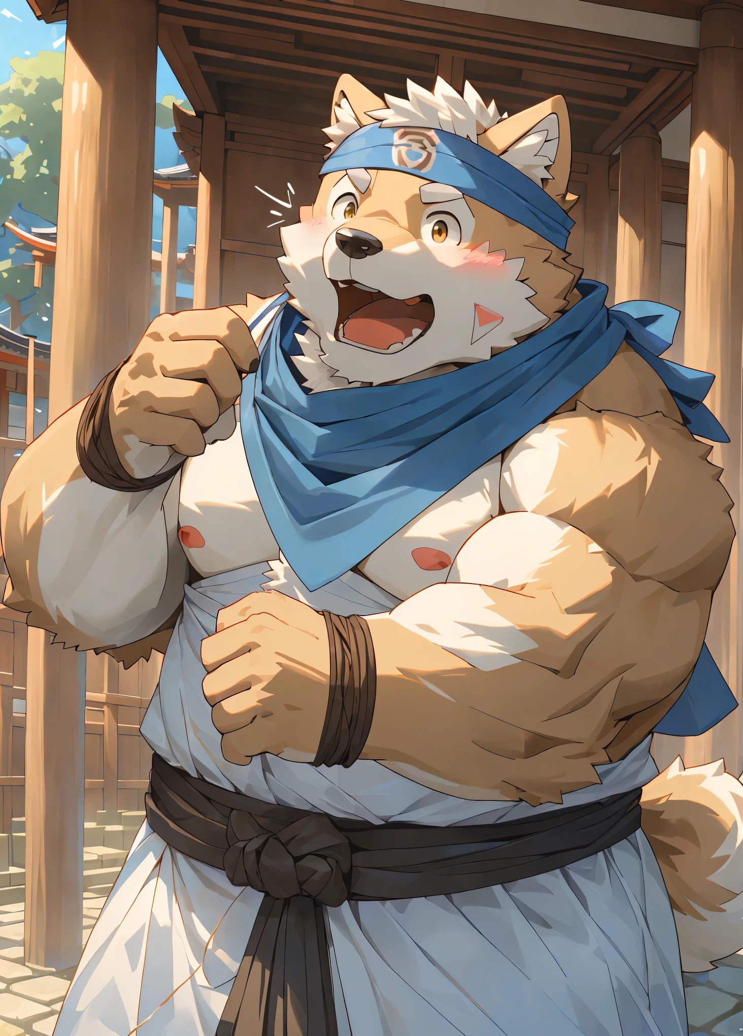 (masterpiece)，(Very detailed)，(best quality)，hairy，Shiba Inu，fur，white hair，Gray pupil，(Japan samurai attire)，((blue scarf))，((Brown Headband))，(blush:1.1)，(Open your mouth)，((A look of surprise))，Temple Background，8k，(high quality)，(Ultra HD)，(Super detailed)