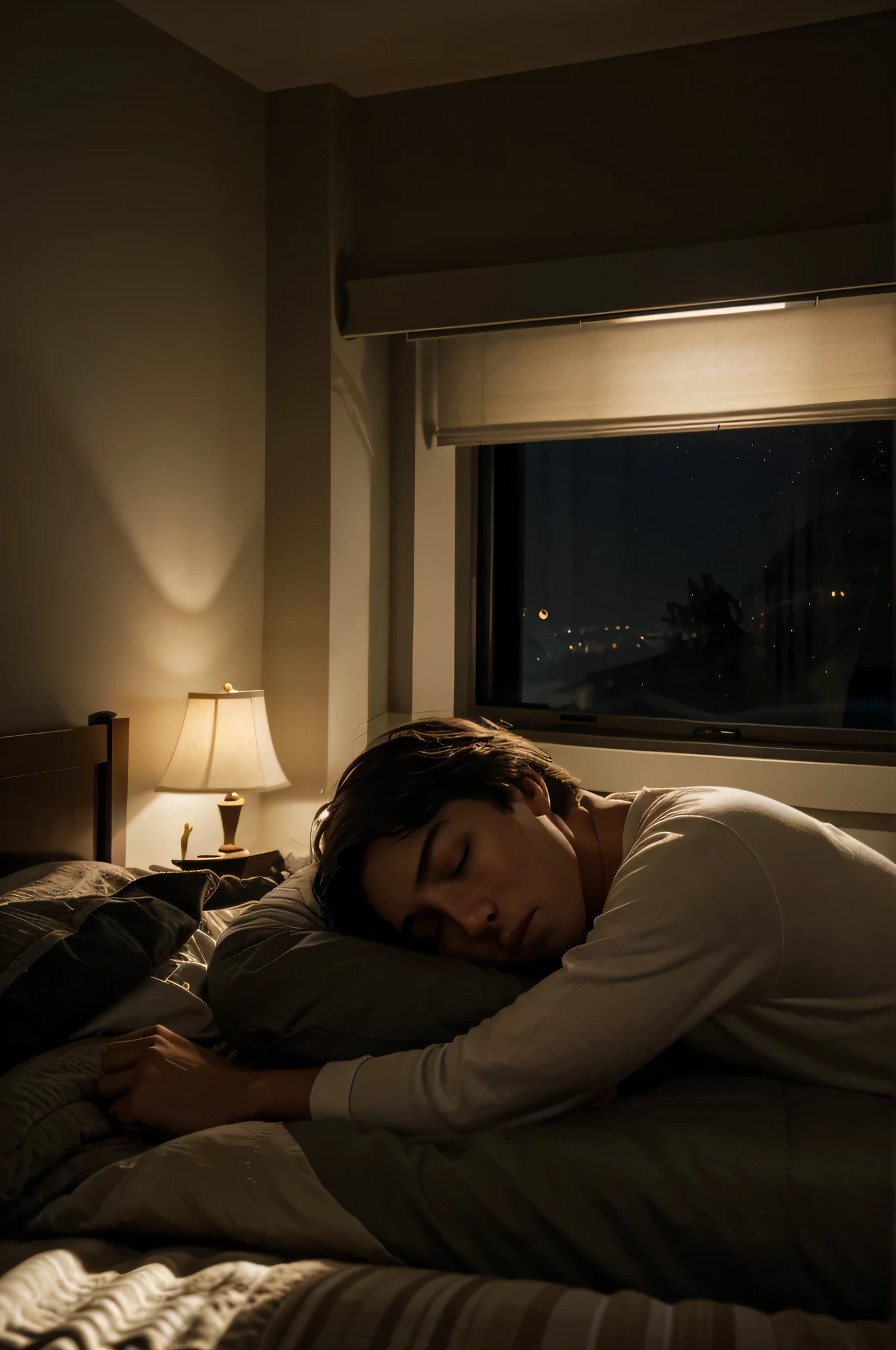 Imagine a dimly lit room, with moonlight softly filtering through the window blinds, casting gentle shadows across the cozy bedroom. In the center lies a neatly made bed, upon which a young man peacefully sleeps, his form illuminated by the faint glow of a nearby lamp. The tranquility of the scene hints at a serene midnight repose, with the young man lost in dreams amidst the stillness of the night.