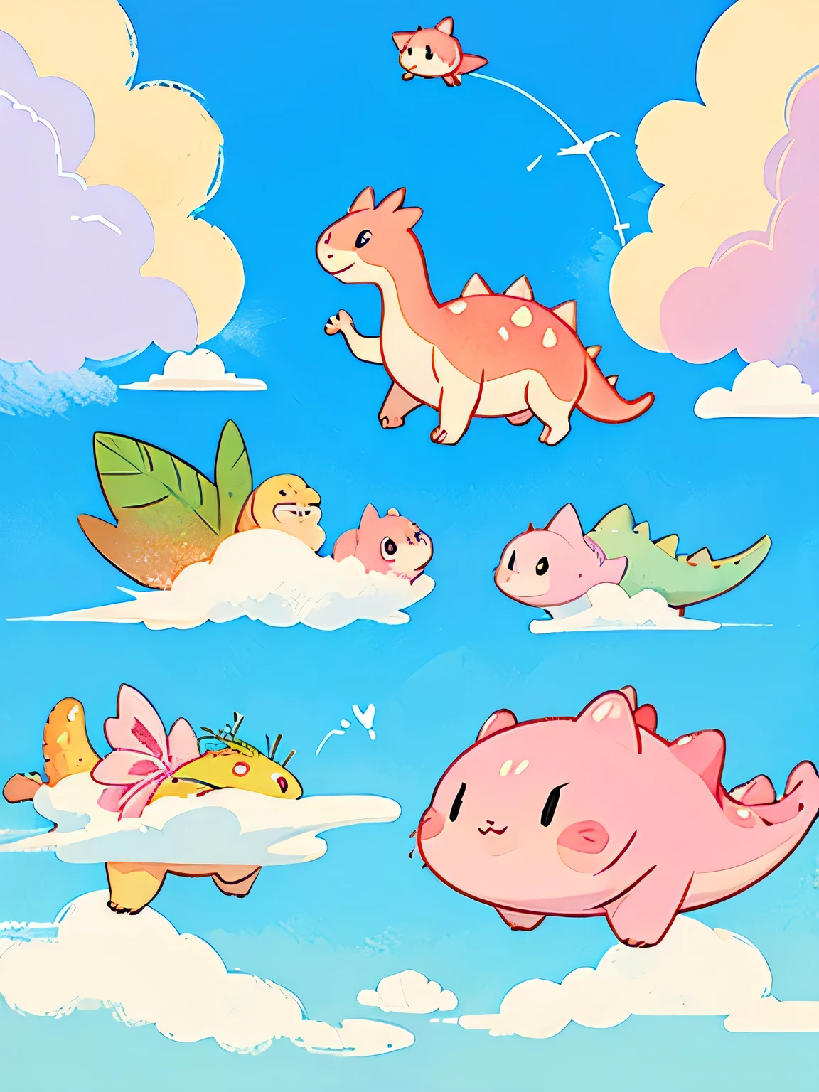 Momoko Sakura style, Kawaii Design, Chibi, (((on the Clouds))), Lots of dinosaurs, Dinosaur Village