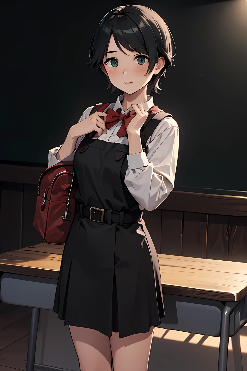 ((masterpiece,best quality)), highres, extremely detailed 8K wallpaper, depth_of_field, best shadow, (Colorful),(Delicate eyes and face), Perfect hands, (no lighting), Ray tracing, BREAK
(1girl), mogami \(kancolle\), black hair, short hair, black eyes / green eyes, swept bangs, (full-face blush), slender, skinny, best smile, parted lips, BREAK,
standing, perfect hands, BPD,((black pinafore dress)),long skirt,red bowtie,belt, school bag, BREAK,
Cowboy Shots and knee, school, classroom, (((night time))), ((dark backgrounds:1.2)),